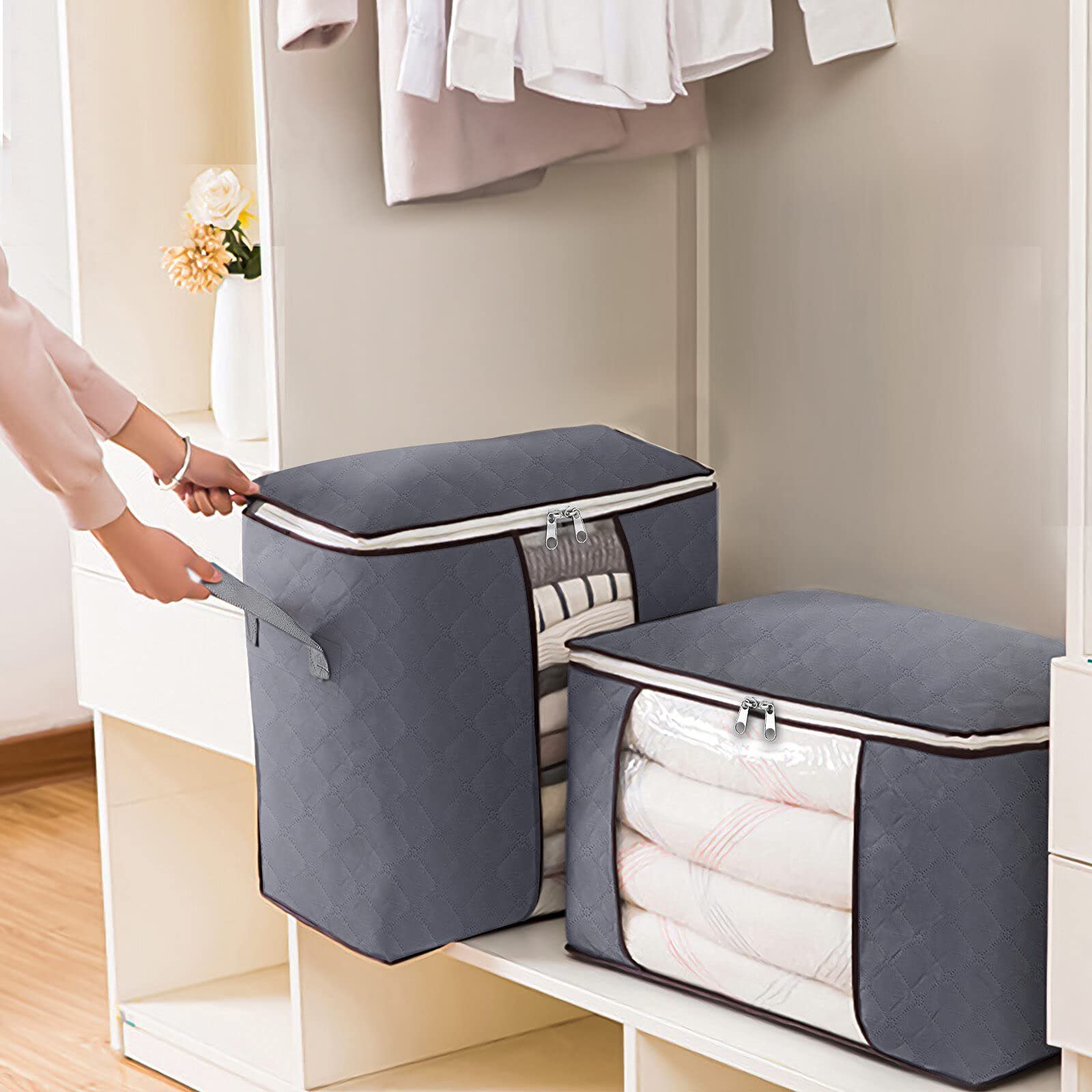 Sac de rangement pliable en tissu non tissé pour vêtements - Grande capacité - Gris foncé