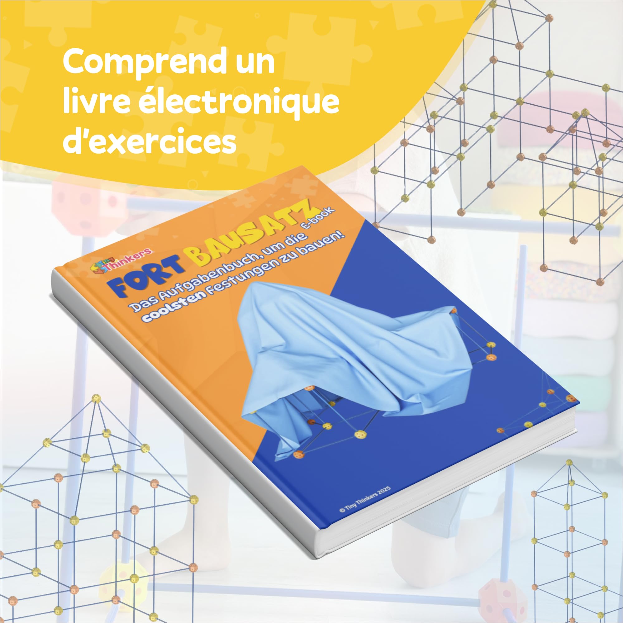 Kit Construction Cabane Enfant XL, 122 Pièces avec 76 Tiges & 46 Boules, Jouet STEM Créatif, Construire Fort, Tente & Château, Indoor & Outdoor, Sac de Rangement & E-Book Inclus