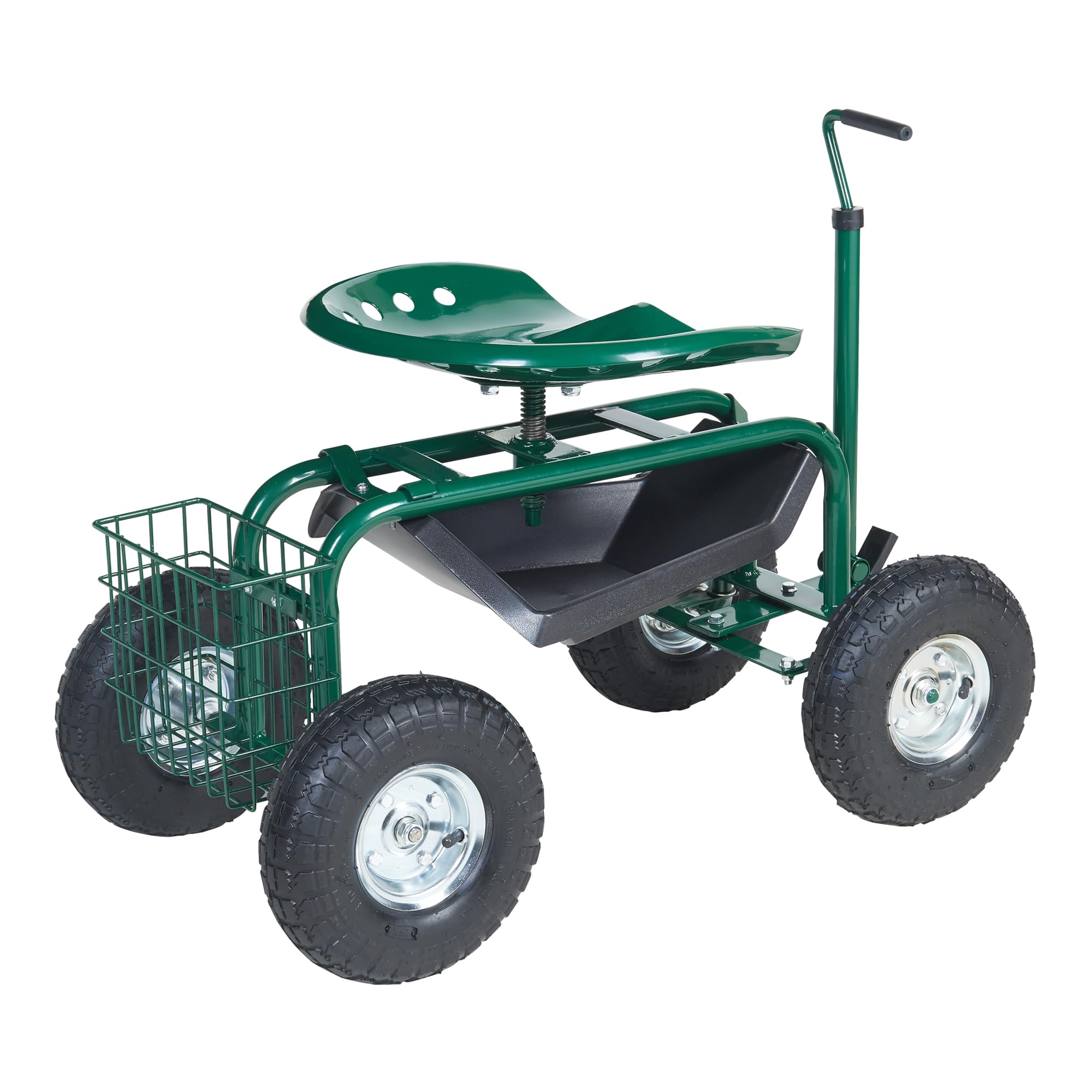 pro.tec Asiento de Jardinería Casarano con Ruedas Taburete Móvil Carrito para Trabajo en Jardín Taller con Bandeja y Cesta de Malla Altura del Asiento y Asa Ajustable Acero 81 x 45 cm - Verde Negro