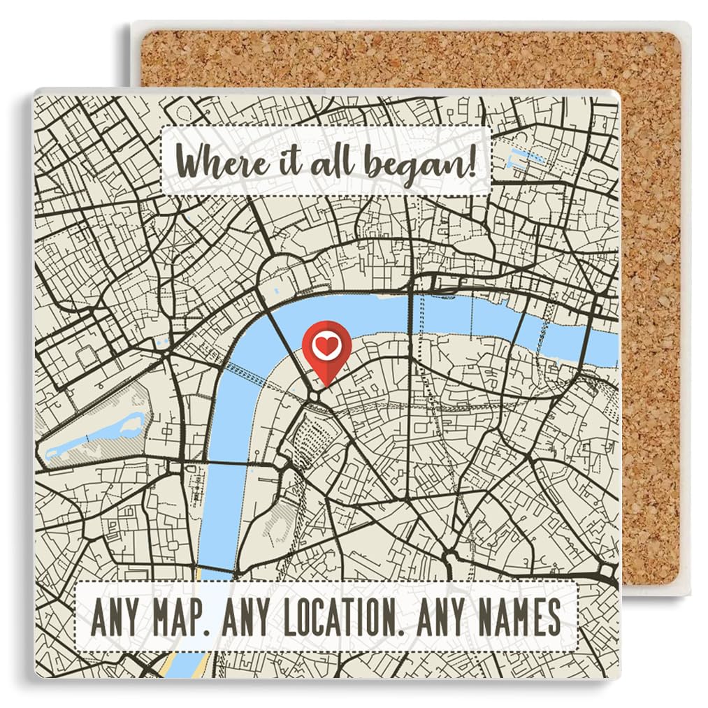 PREZZIFY Personalised Map Ceramic Coaster Gift - Any Location - Custom Map Gift. Where it all Began. Where We First Met. Anniversary Engagement Valentine, Husband, Boyfriend, Wife, Girlfriend. 10cm