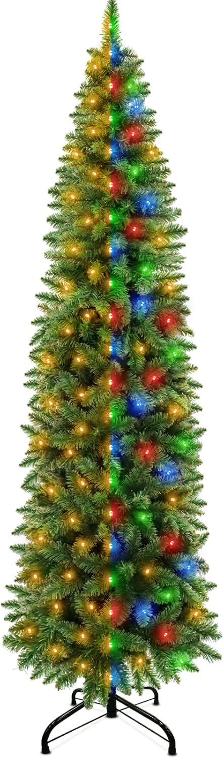 Dual Color Change&Timer 6Ft Prelit Artificial Slim Christmas Tree, 240 Warm White&Colored Lights, 658 Thick Branch Tips, 8 Mode, Fire-Resistant, Metal Stand, UL Plug, Hinged Christmas Xmas Tree Decor Spruce Green - Warm White & Multicolor Changing Lights 6ft Not tested