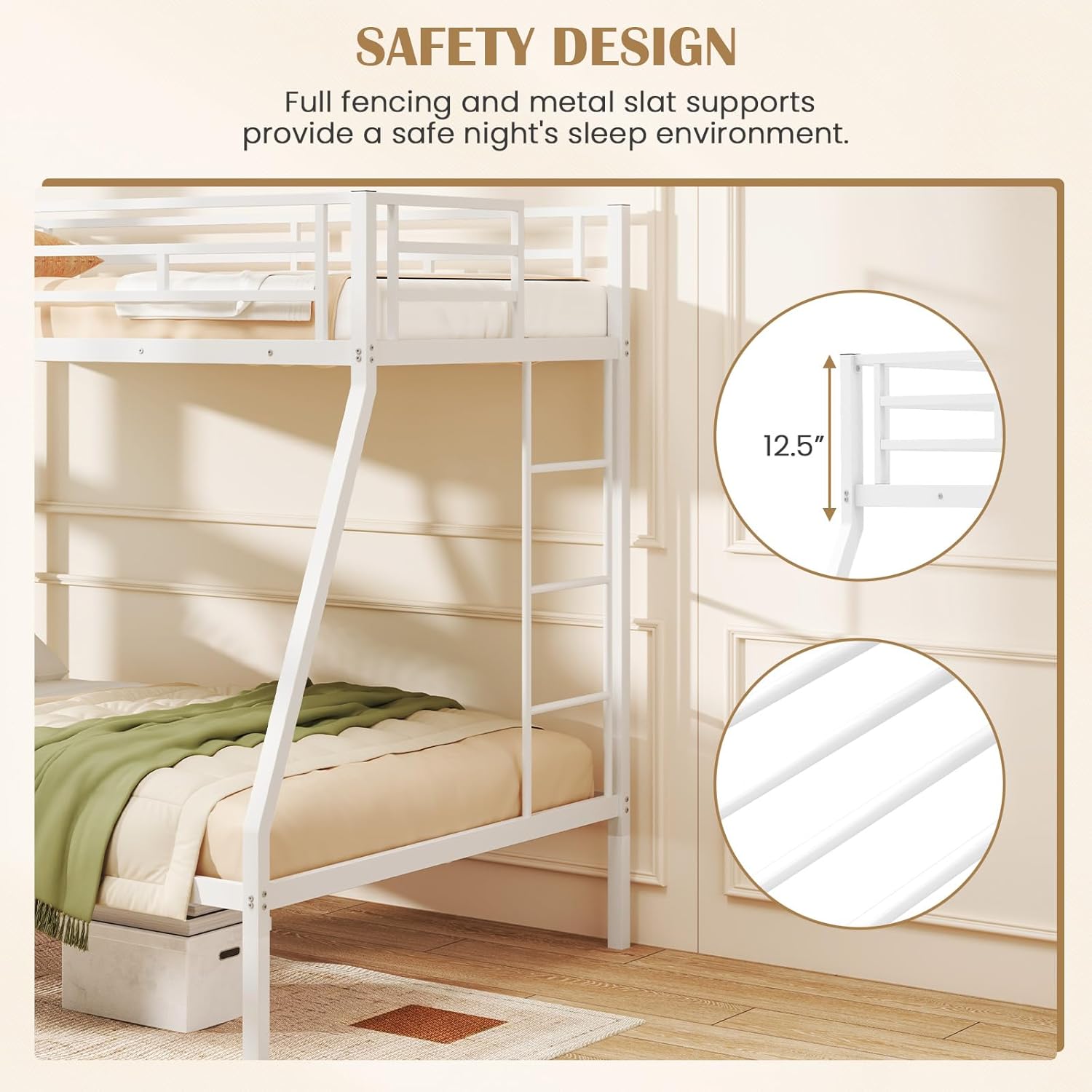 GORELAX Twin Over Full Bunk Bed, Metal Bunk Bed with Sturdy Guard Rail & Ladder, No Box Spring Needed, Noise Reduced & Space Saving Design, Bunk Bed Frame for Dorm, Bedroom (White)