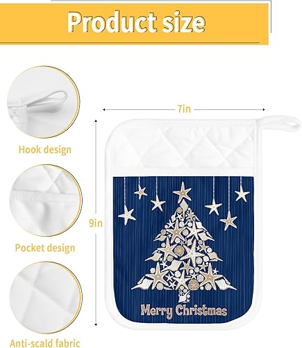 Miniatura 3 de Juego de 2 soportes para ollas de Navidad para cocina, antideslizantes y aislantes de calor, juego de agarraderas de tela de toalla con bolsillo,