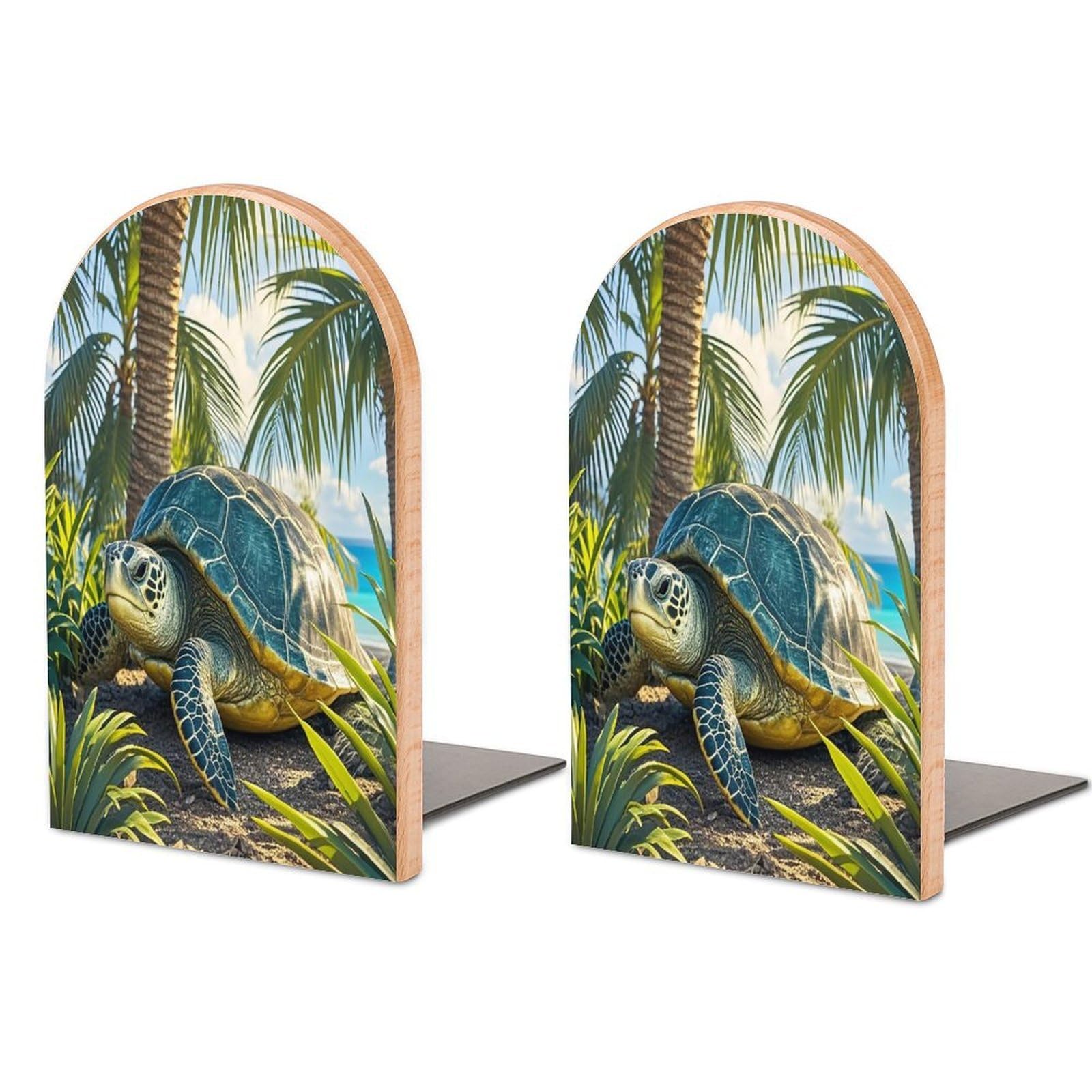 Big Turtle and Palm Trees Bookend for Shelves Wooden Book End Sturdy Book Holders Stoppers with Metal Base for Bookshelves Slick Decorative Bookends Stands