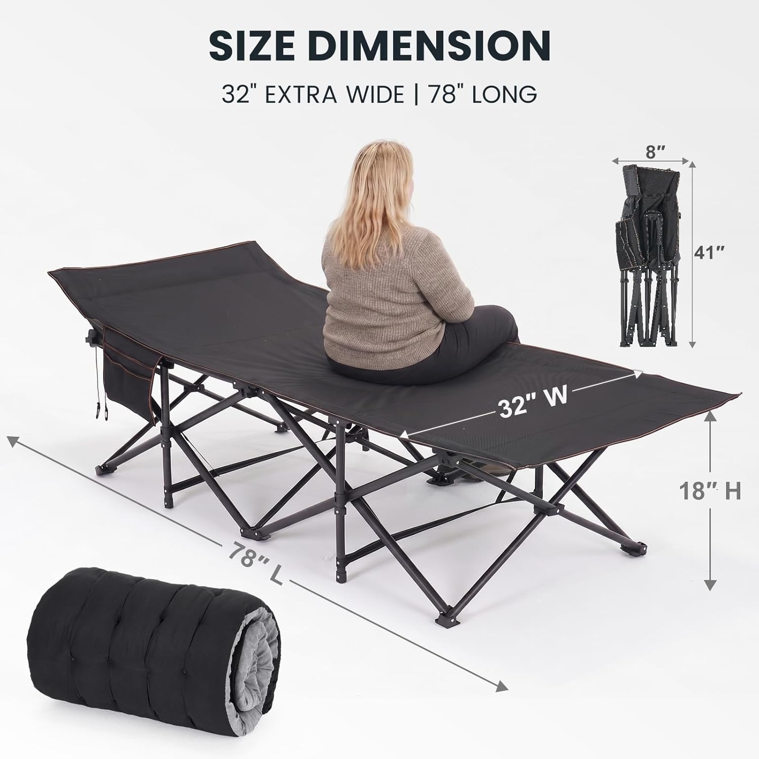 LILYPELLE Oversized XXL Folding Camping Cot, 78" L x 32" W x 18" H Heavy Duty Sleeping Cots with Carry Bag, Double Layer Oxford Portable Travel Camp Cots for Home, Office Nap and Outdoor Beach