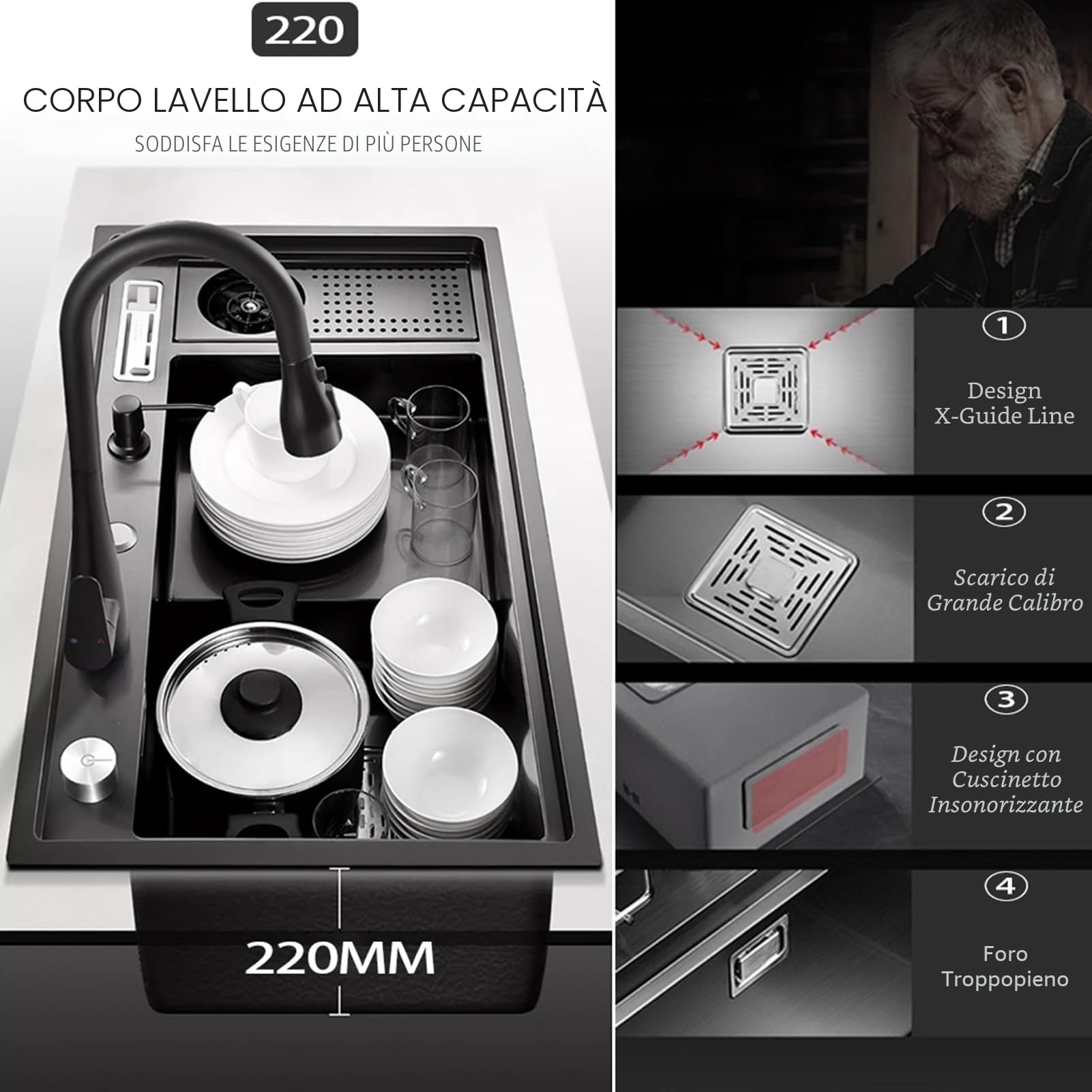 Lavello da cucina, 86 x 50 cm, 1 vasca, con gradino, lavello nano nero, in acciaio inox, multifunzione, con rubinetto da cucina estensibile 3 in 1, dispenser di sapone, sifone, pulsante di controllo