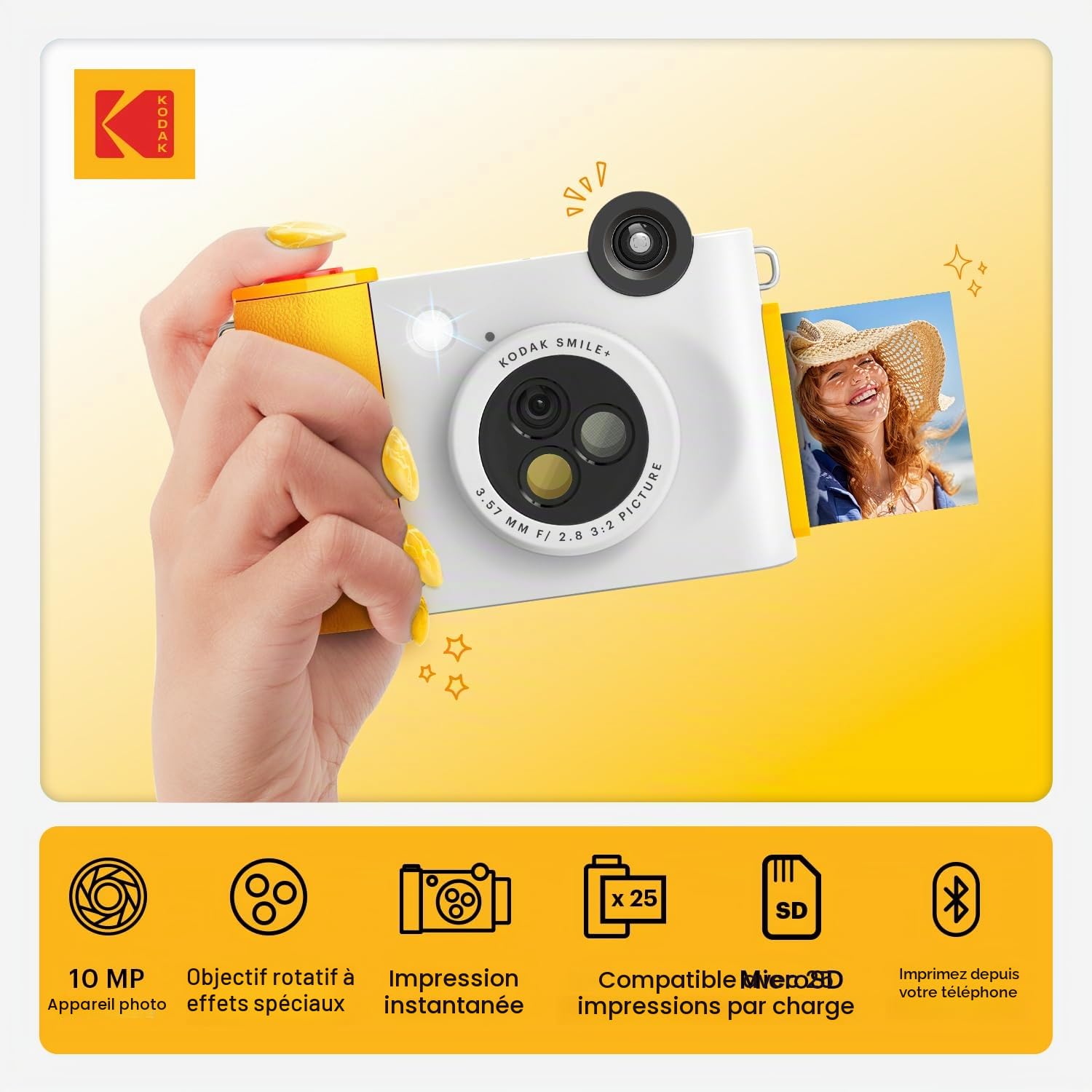 KODAK Smile+ 2 in 1 Appareil Photo numérique instantané et imprimante Photo sans Fil Bluetooth, 2x3 (5,1x7,5 cm), 10 MP, Objectif Rotatif à Effets spéciaux, Photos à Dos adhésif, Blanc