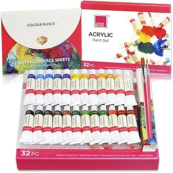 Buy Colour Block 32 Piece Acrylic Paint Set In A Durable Cardboard Gift Box Includes 24 12ml Acrylic Paint Tubes 2 Synthetic Brushes And 6 Painting Sheets Online At Low Prices In India Amazon In