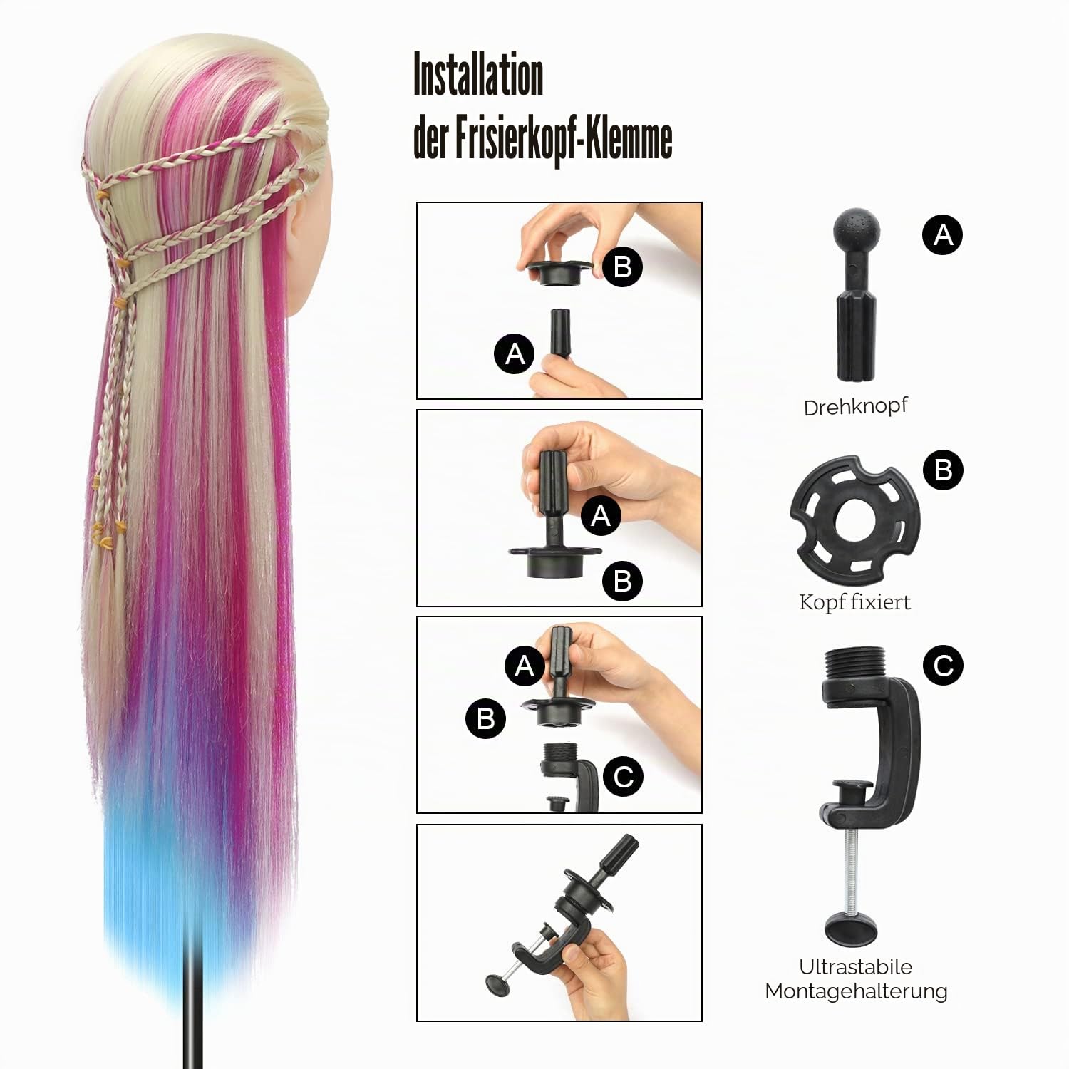 Trainingsköpfe, 28 inch Übungskopf Frisierkopf Friseur 100% Synthetikfaser-Haar Styling Kopf Frisierkopf für Frisöre mit kostenloser Klemme und DIY Flechtset (Bunt)