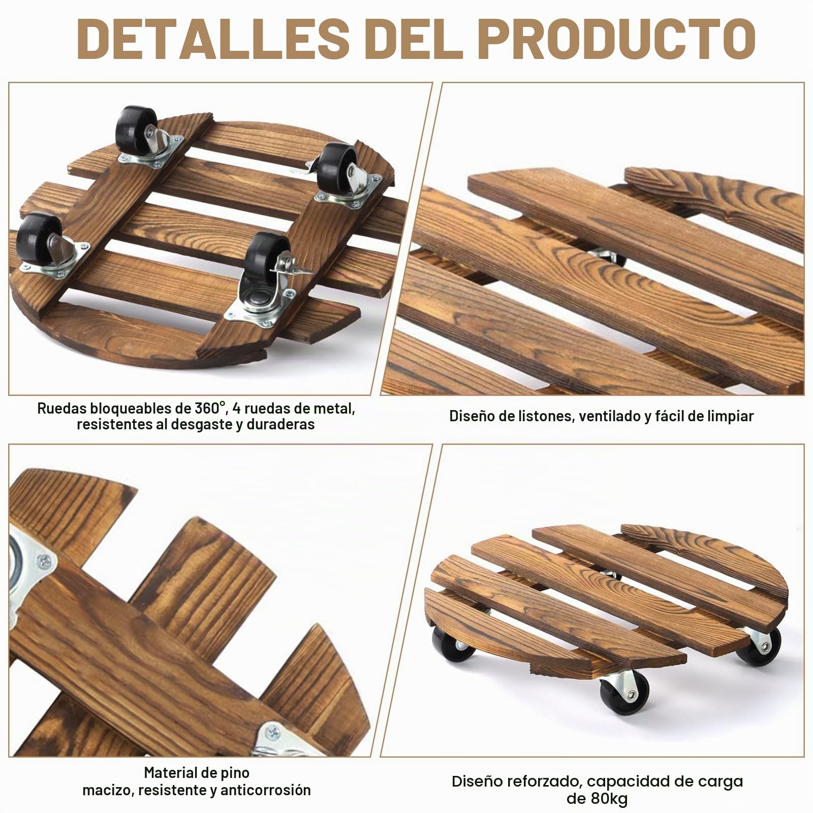 Rodillo para Plantas, 2 Piezas 30 x 6.5 cm Base con Ruedas para Macetas, con Capacidad de Carga de 100 kg, para Exteriores e Interiores, Macetero con Ruedas, Rotación De 360 °