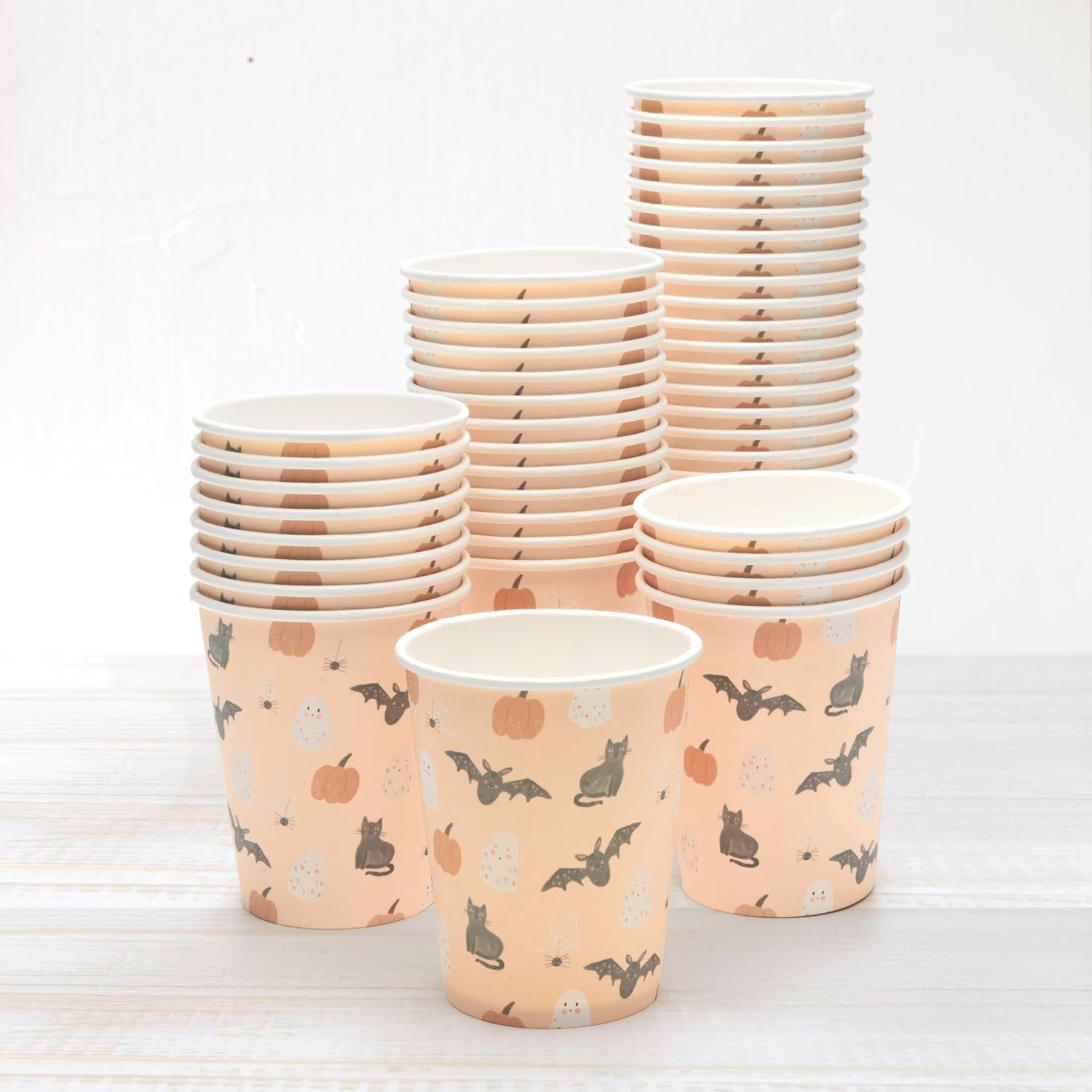 Cheerland Summerween Party Cups Pumpkin Disposable Paper Cups for Cute Spooky Ghost Birthday Party Cup Pink Halloween with Pastel Bat Cat Print Birthday Summerween Supplies Pack of 50