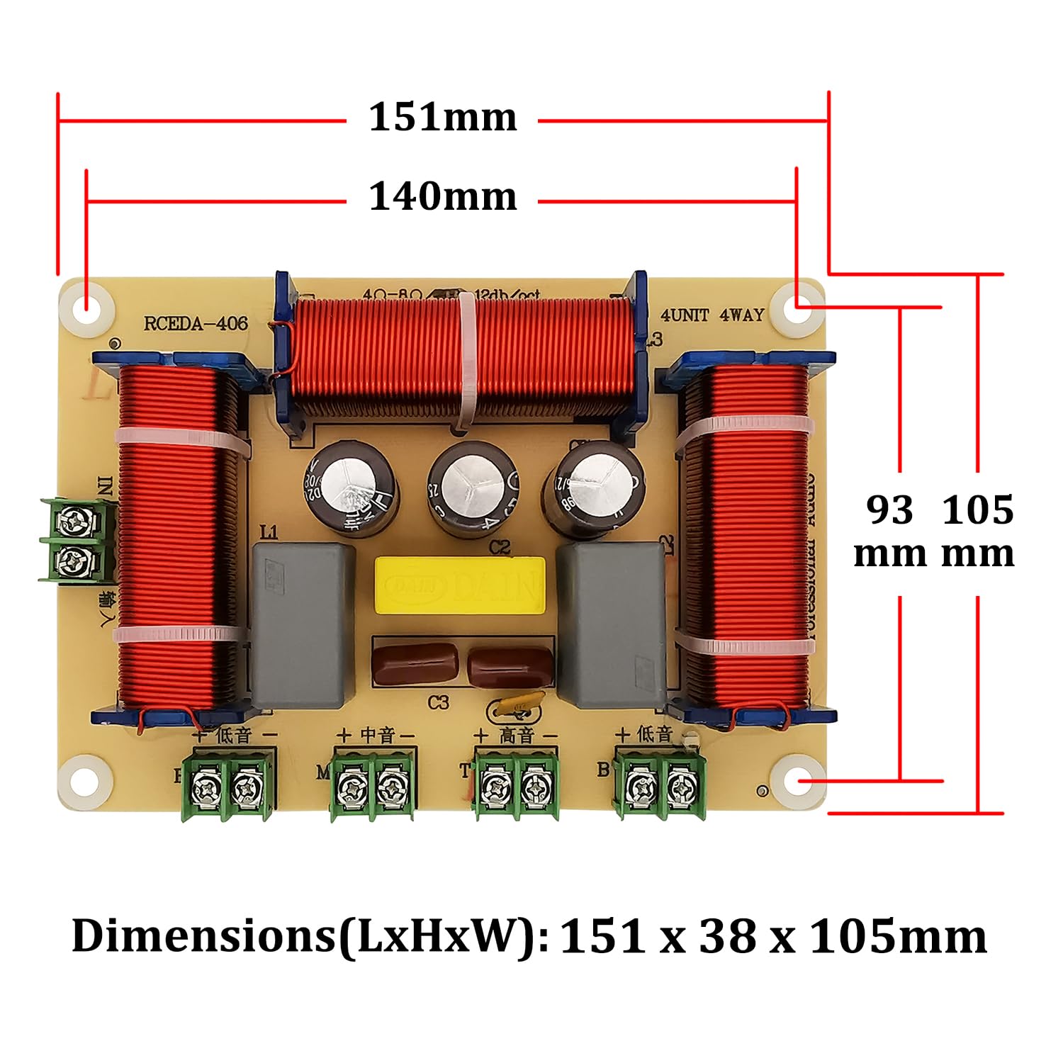 HiQltyla 400W 4-Way Speaker Crossover, RCEDA-406 Passive Crossover for Car Home Audio 4 to 8 Ohm 2X Bass + 1x Mediant+ 1x Tweeter Systems