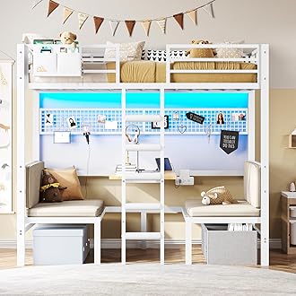 DICTAC Loft Bed Twin Size with Desk and Seat Convertible Twin Over Twin Bunk Bed with Led Lights & Charging Station Metal Bunk Bed with Safety Guard&Stair for Teens,Adults,White(Cushion not Included)