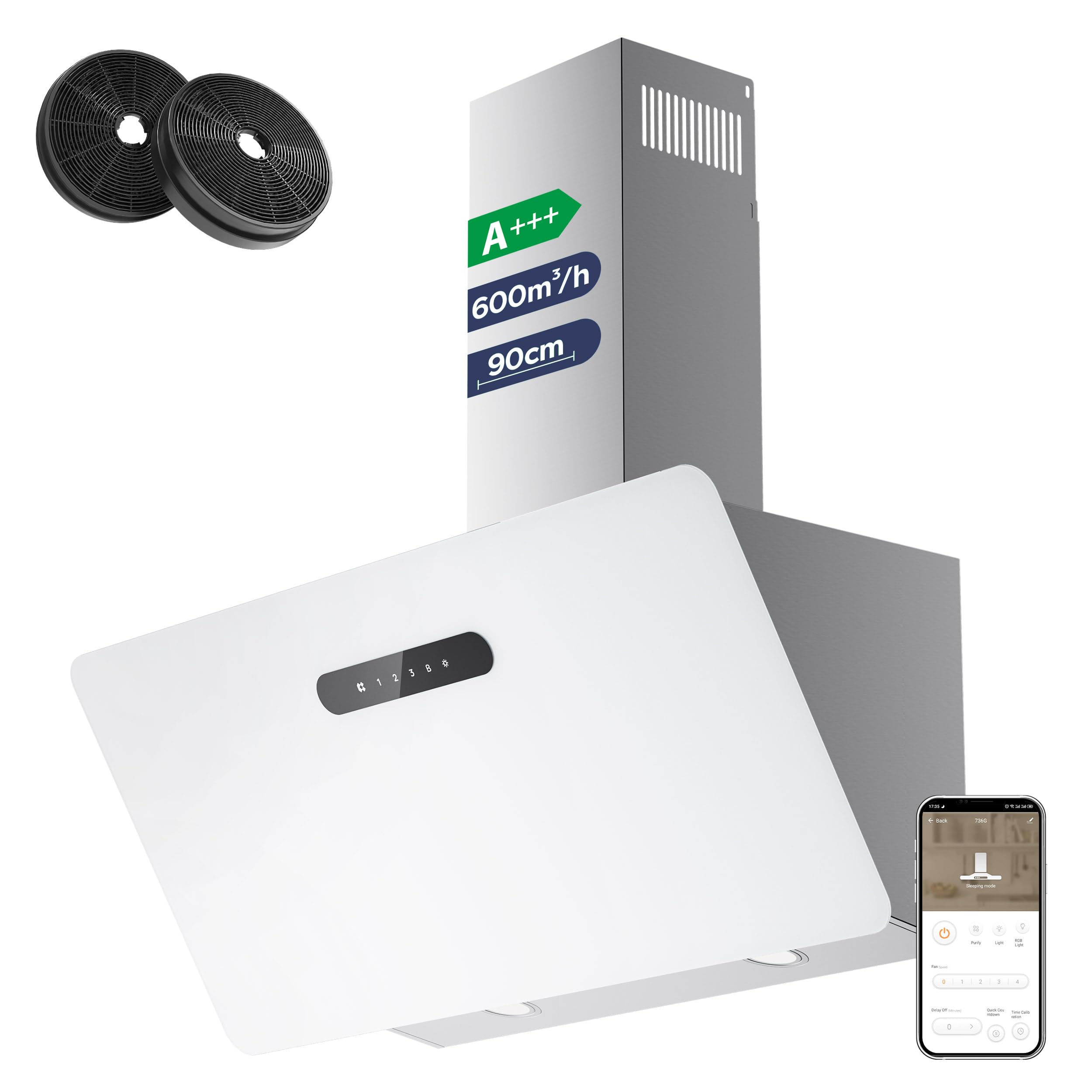 Ciarra CBCW9736K A+++ Extractora Cocina 90cm Recirculación App Funcionamiento SensorTouch Bonete Inclinado sin Cabezal 650 m³/h Campana Acero inoxidable Cristal Blanco