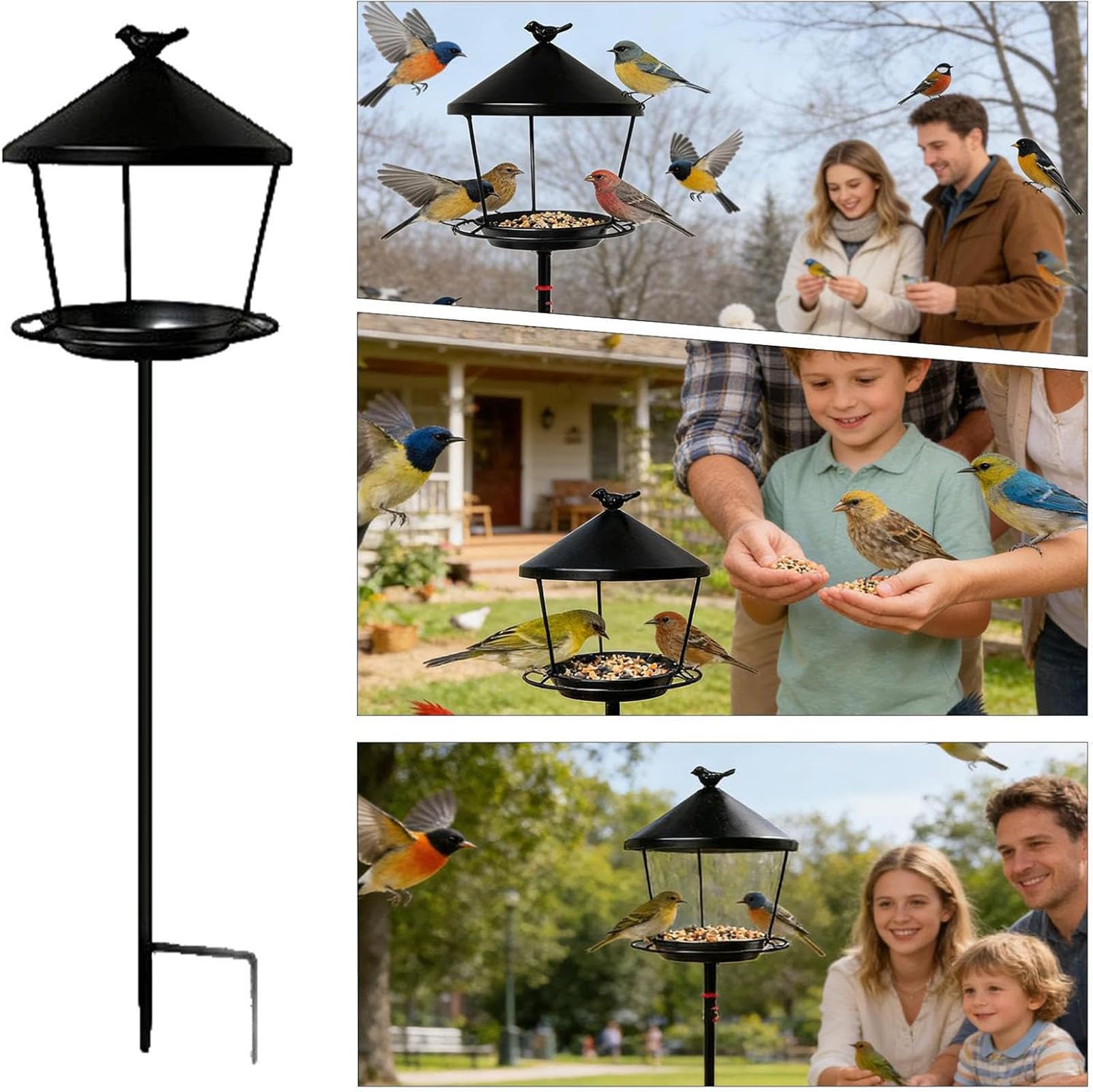 Comedero para pájaros con Soporte y Anillo de Hierro para Clavar en el Suelo, comedero Anti-Desperdicio para Aves Silvestres, comedero Colgante de Hierro Forjado,Negro,100 x 25 x 20 cm