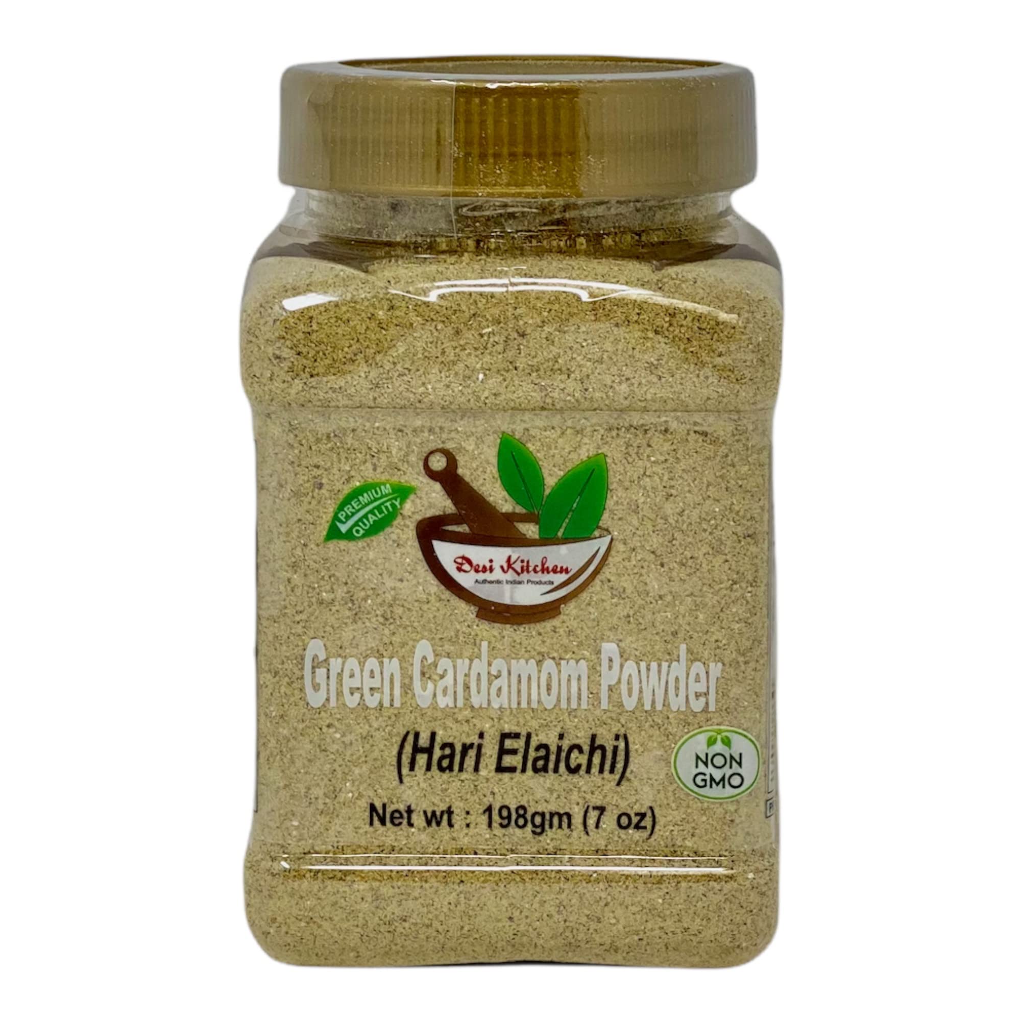 DESI KITCHEN AUTHENTIC INDIAN PRODUCTS Spices All Natural | Salt Free | Vegan | NON GMO | Pure Green Cardamom Powder (Hari Elaichi) 198gm (7oz) With Freshness and Aroma Guaranty.