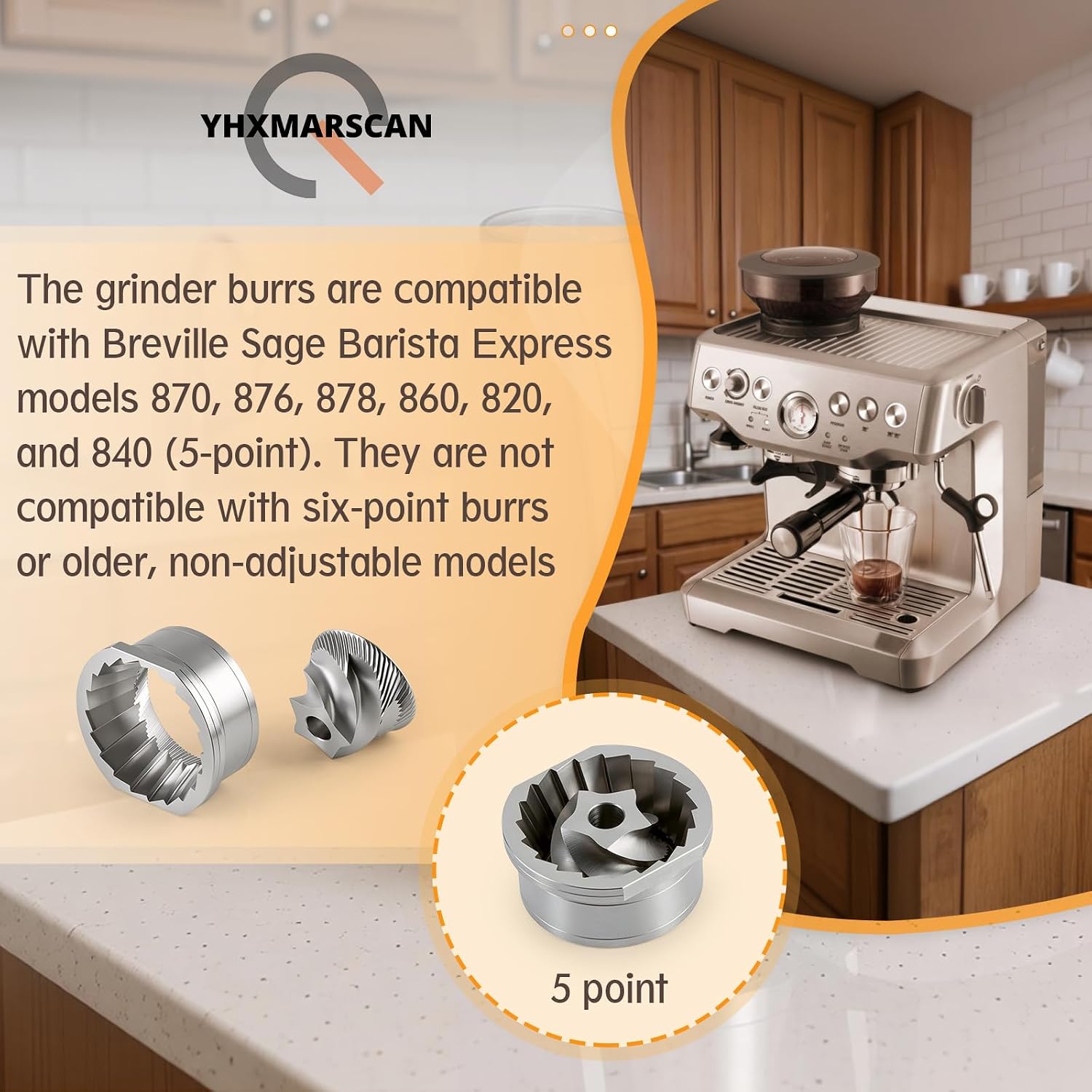 Grinder Burr Blade Set Replacement Compatible with Breville Sage Barista Express 870/876/878/860/820/840, 5-Point Upper & Lower Burr Blade Replacement for Espresso Coffee Machines Accessories