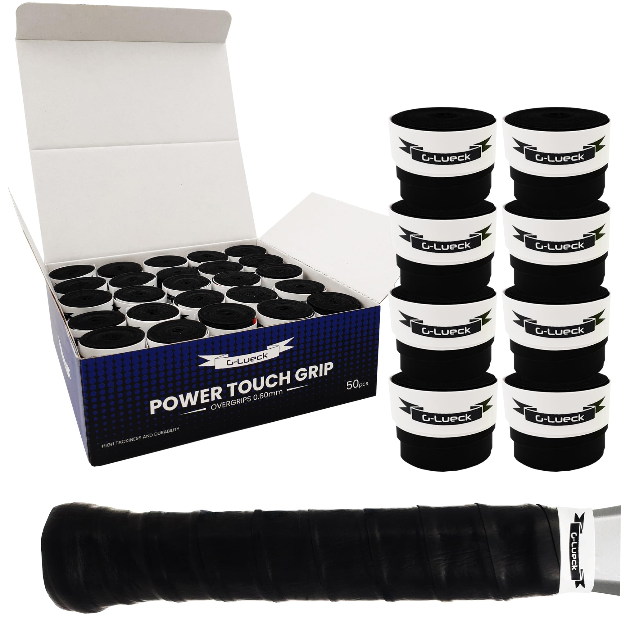 G-Lueck Set da 50 Tennis Premium Overgrip Power Touch – Presa elevata, lunga durata – 0,60 mm di spessore | Fascia per impugnatura per padel, squash, racchette da badminton | antiscivolo