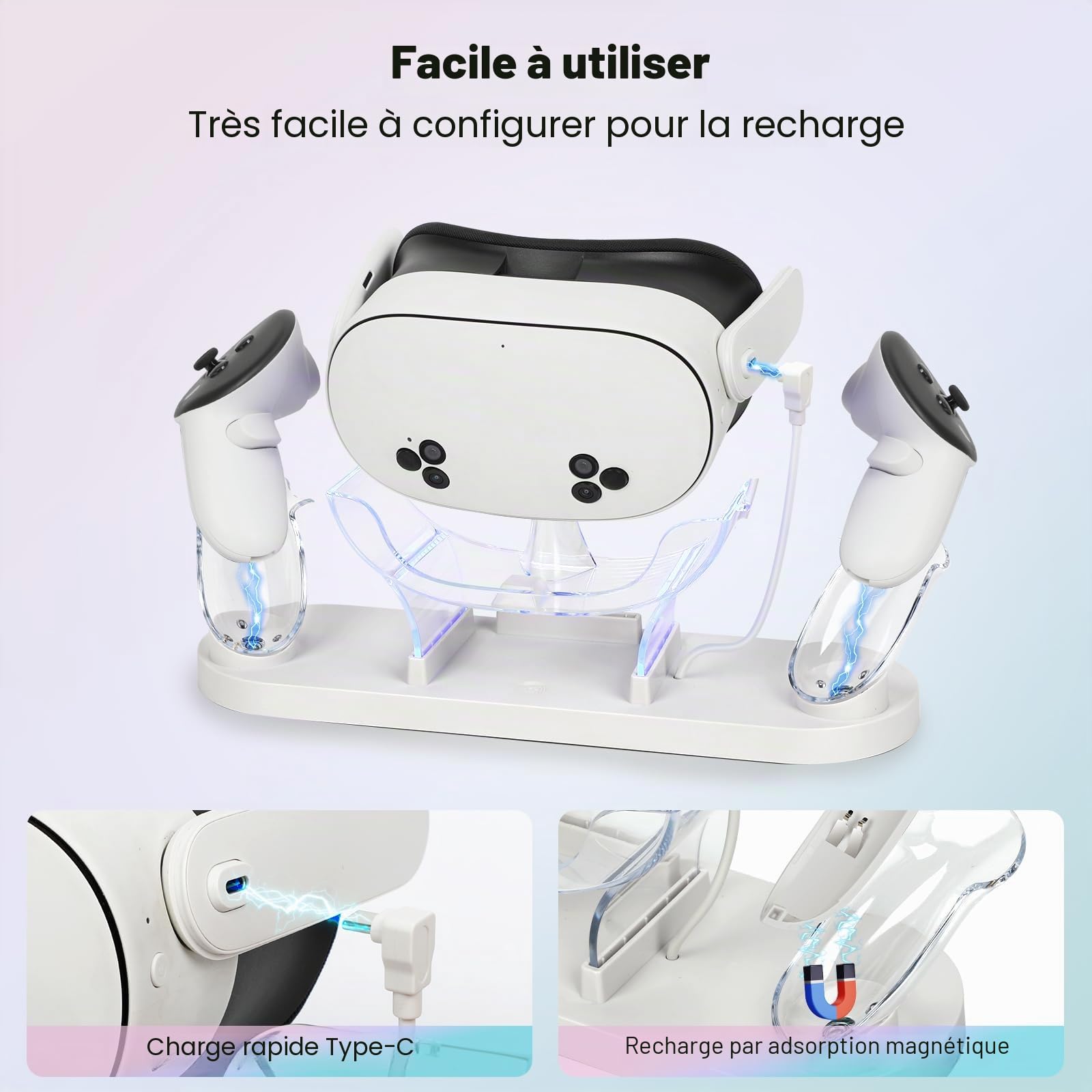Station Charge pour MetaQuest 3S/Quest 3, avec USB-C Rapide | Charge Simultanée, 2H pour Contrôleurs / 3H pour Casque, Indicateur RGB, Base Anti-Dérapant, Batteries Rechargeables 600mAh