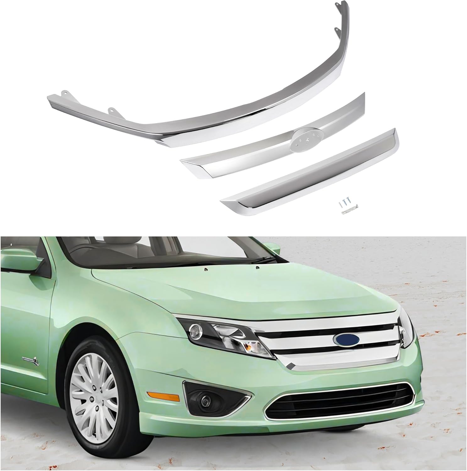 ECOTRIC Upper+Center+Lower Bumper Grille Molding Compatible with 2010-2012 Ford Fusion AE5Z8200C, BE5Z8200BA, AE5Z8200B Front Grill Molding Trims Plastic (ABS) Chrome Silvery