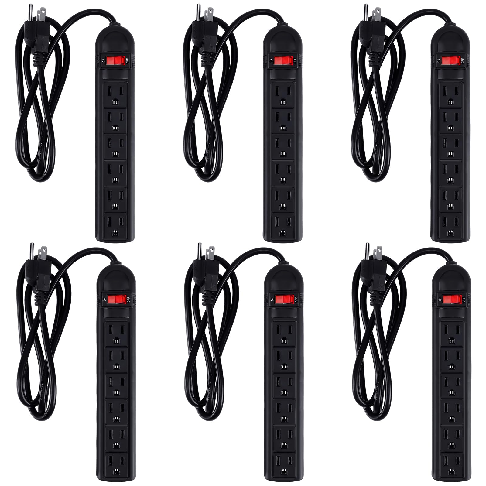 Copkim 6 Pack 6 Outlet Power Strip 4 ft Flat Plug Surge Plug Overload Surge Protection for Home Office(Black)