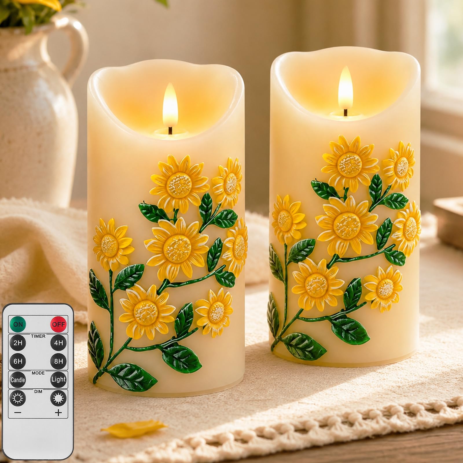 Flower Flameless Candles Light, 2Pack Sunflower LED Candle with Remote & Timer, Dimmable Real Wax Electric Candles Battery Operated, Candle for Home Wedding Party Holiday Decor (Yellow Sunflower) โ image 1
