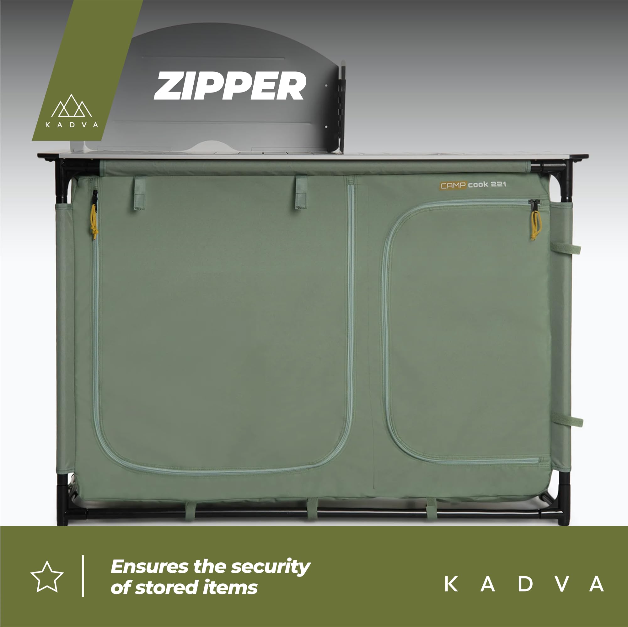 KADVA CAMPCook 221 Camping Küchenschrank faltbar 48,5x121x83,5 cm Campingschrank aus strapazierfähigen Materialien Leichte und stabile Konstruktion Einfacher Aufbau und Transport Farbe Grün