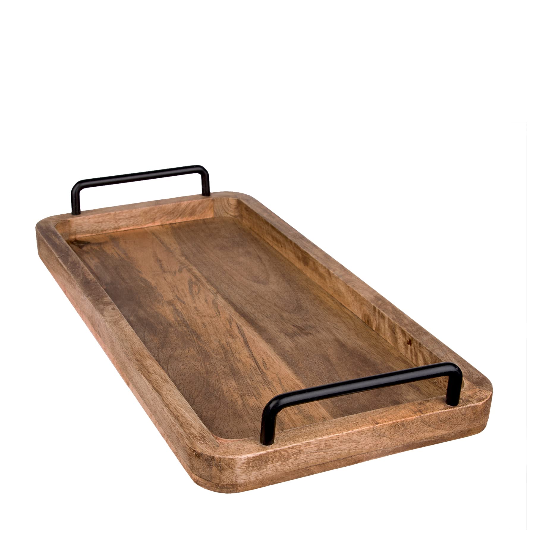 BigDean Plateau de service en bois de manguier - 60 x 30 x 3 cm - Plateau en bois vintage - Unique - Plateau en bois avec poignées en métal - Plateau de cuisine rectangulaire