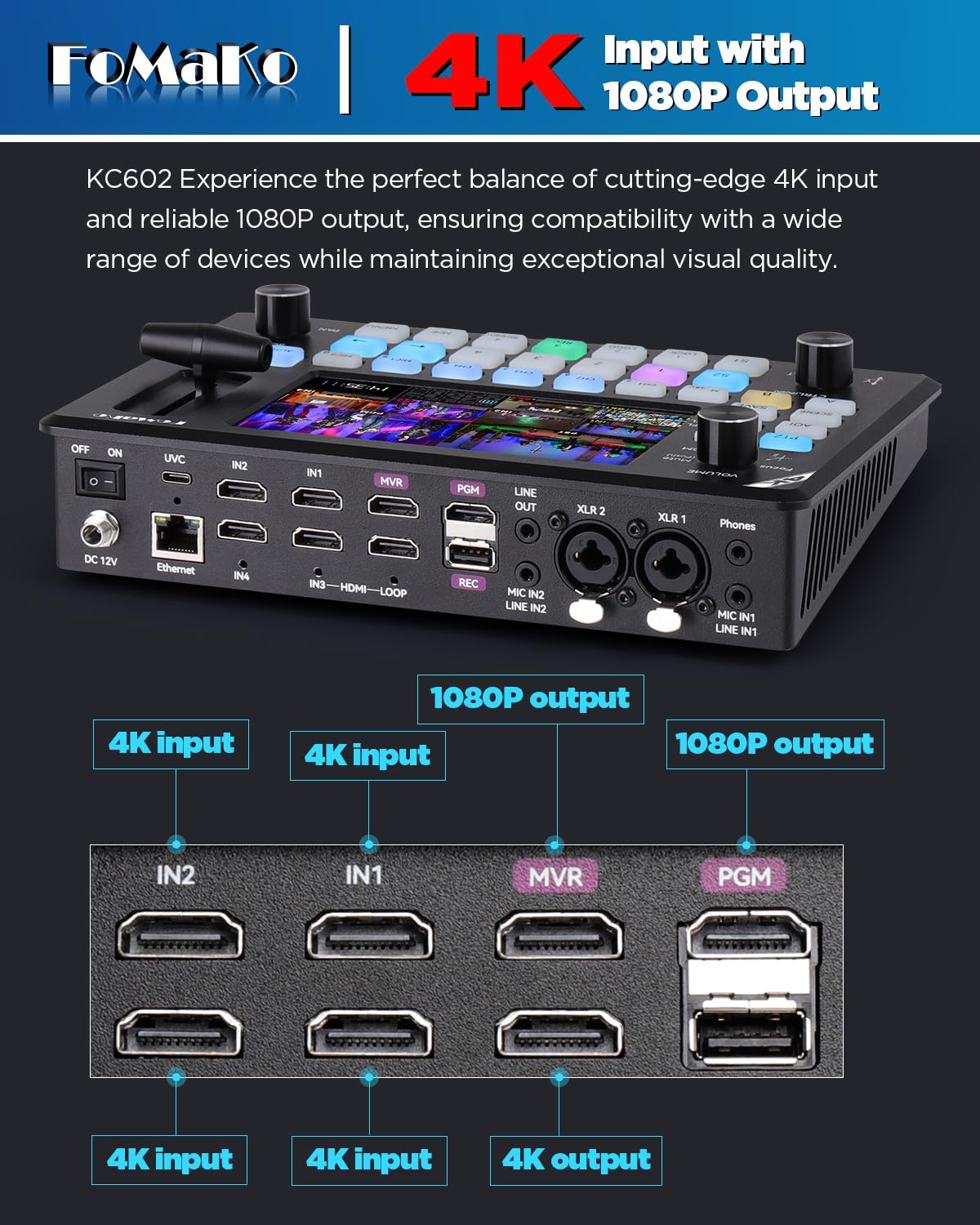 FoMaKo Przełącznik miksera wideo 4K, ekran LCD 5,5 cala, FHD, 4-kanałowy przełącznik transmisji na żywo HDMI, wejście 4K 60FPS, wyjście 1080p 60FPS, obsługa kontrolera PTZ, KC602