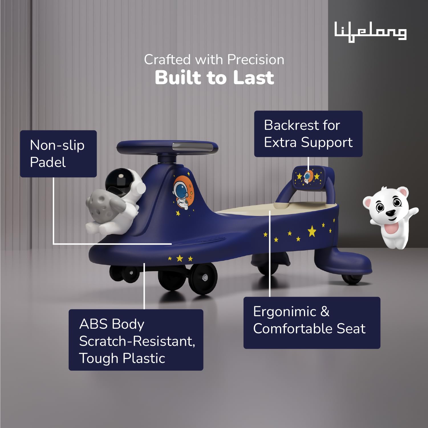 Lifelong Astro Swing Car Ride On for Kids| Space Theme | Comfort Backrest | Silky-Smooth Wheels | Kid-Powered Magic Twist Car, Pure Play Experience, 2 to 6 Years Boys & Girls,100 Kg Capacity — Amazon image 6