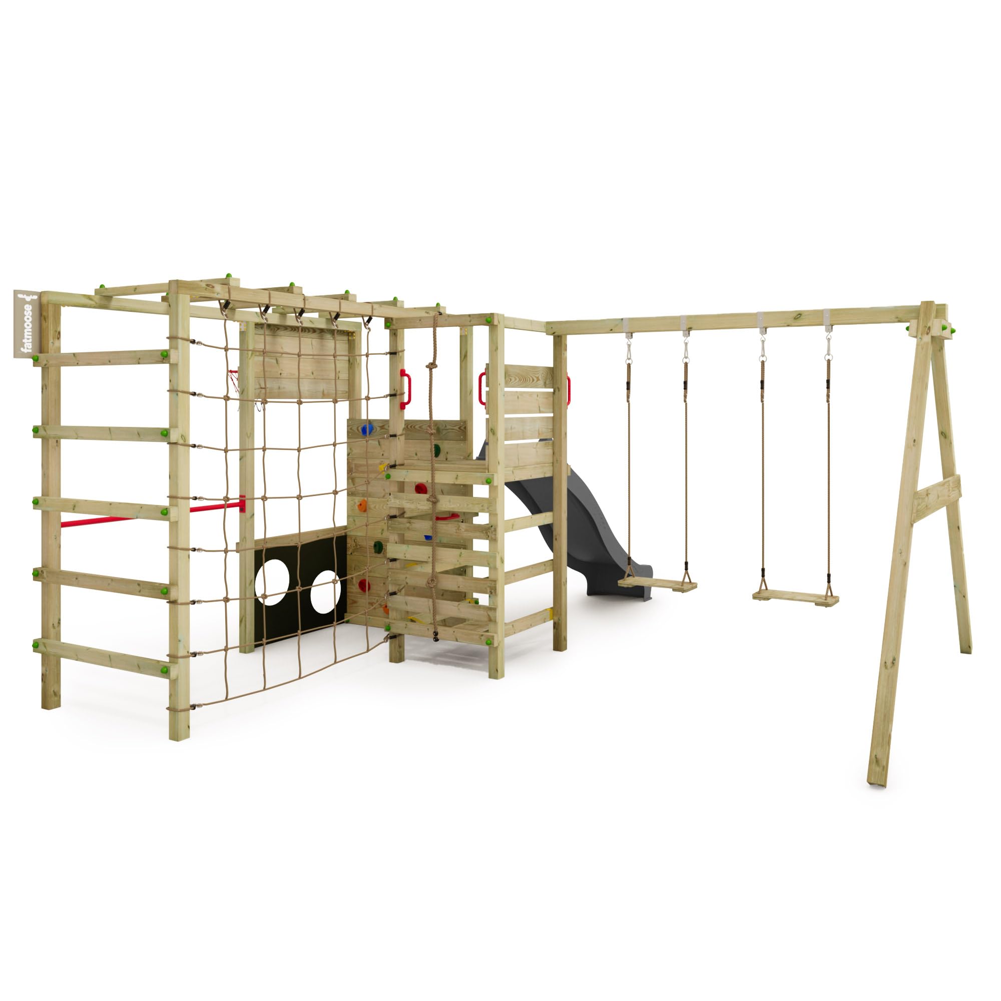 FATMOOSE Aire de Jeux ActionArena Air XXL portique en Bois avec balançoire et Toboggan, Tour d'escalade pour Enfants avec bac à Sable, échelle et Accessoires de Jeu pour Le Jardin. (Anthracite)