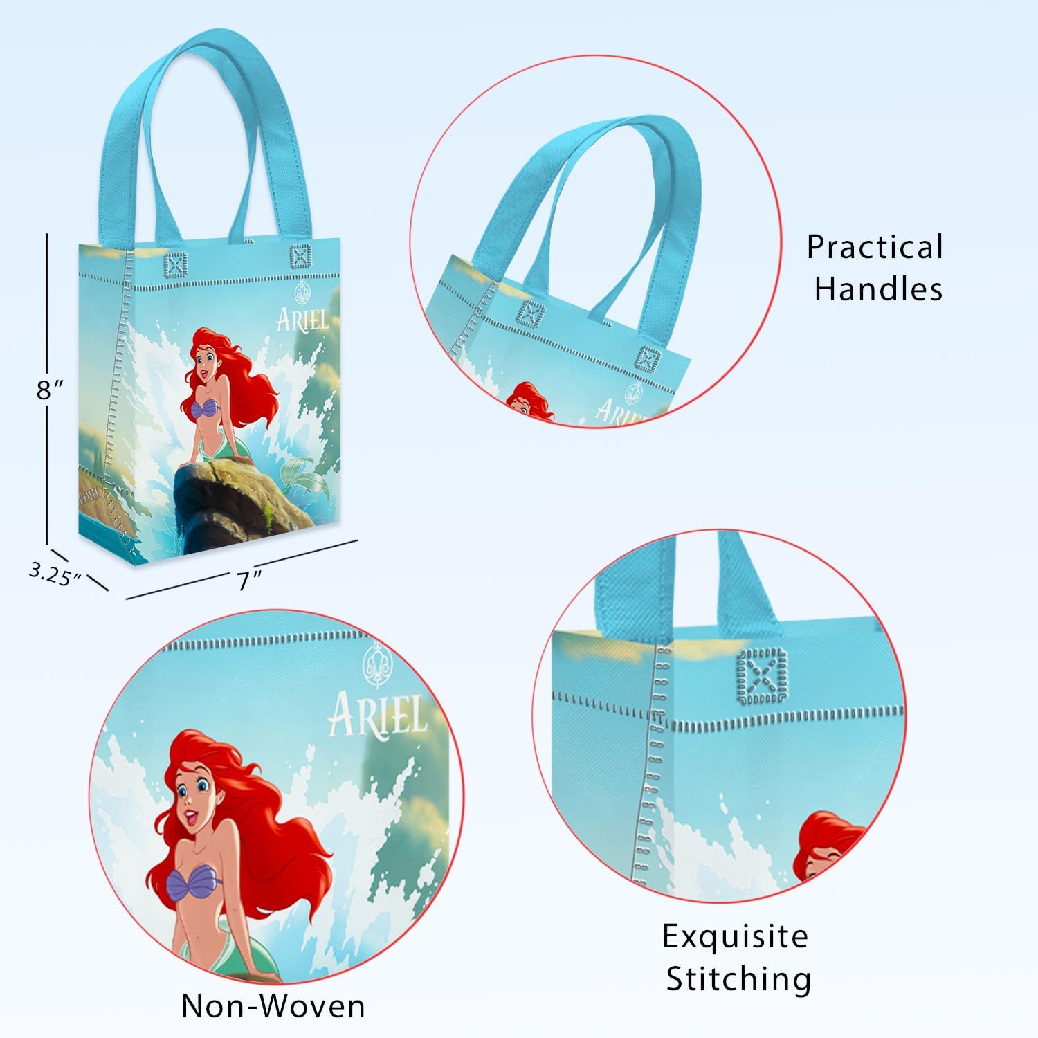 Little Mermaid Party Favor Bags for Kids Birthday 12 Pack Bundle | Mini 8" Disney Princess Ariel Party Goodie Bags, Bulk Reusable Tote Canvas Gift Bags, Little Mermaid Party Supplies for Girls