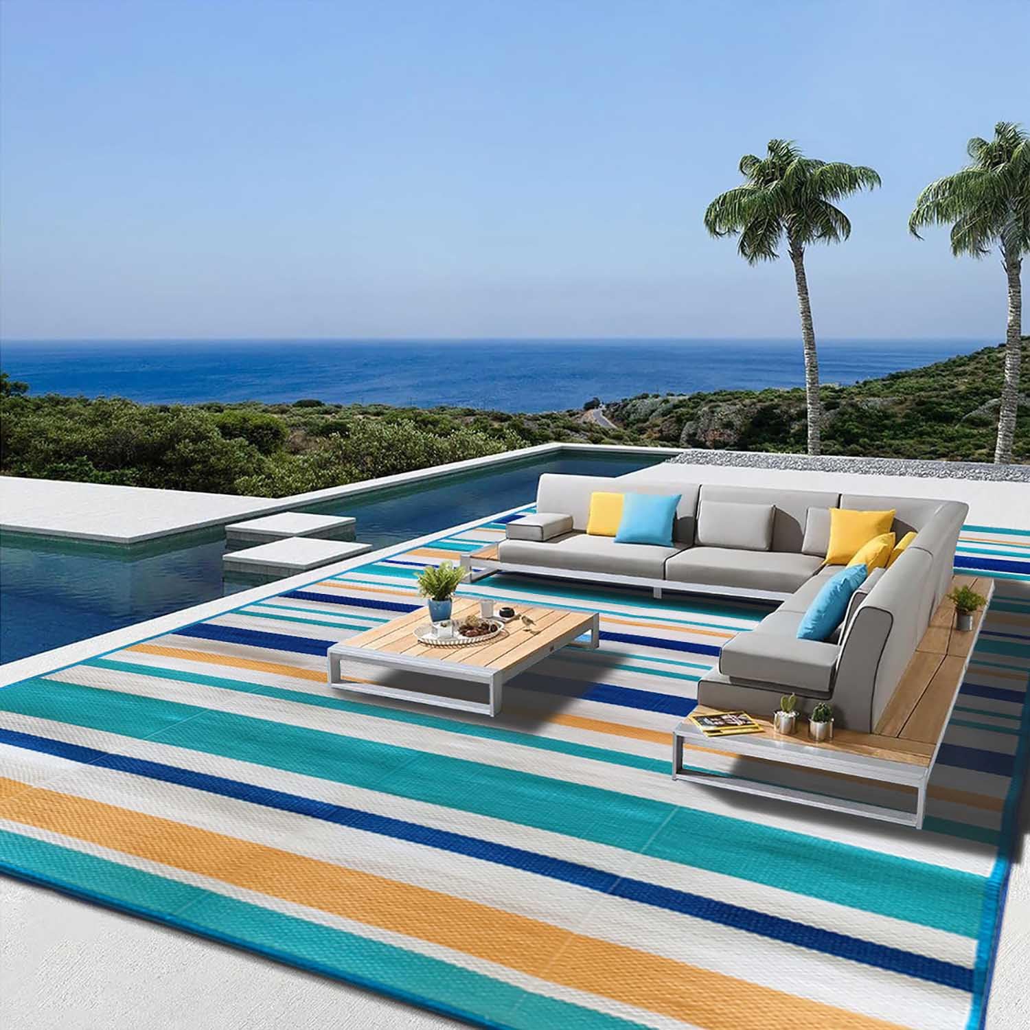 Tapis Extérieur Terrasse Rayés Moderne,120x180 Tapis de Sol Extérieur en Plastique Réversible,Tapis Extérieur Résistant à la Pluie Pliable pour Balcon Camping Pique-Nique (Bleu/Blanc/Orange)