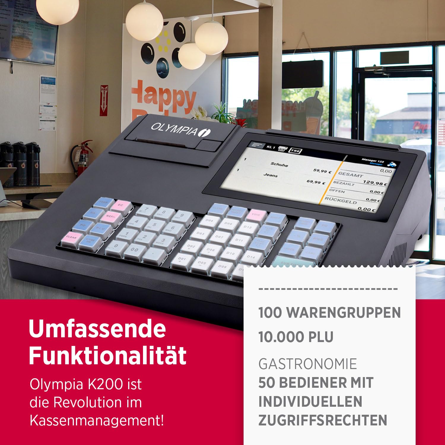 Olympia K200 Registrierkasse Touchdisplay 7 Zoll Android 11 58 mm Thermodrucker Hubtastatur 48 Tasten LED-Anzeige