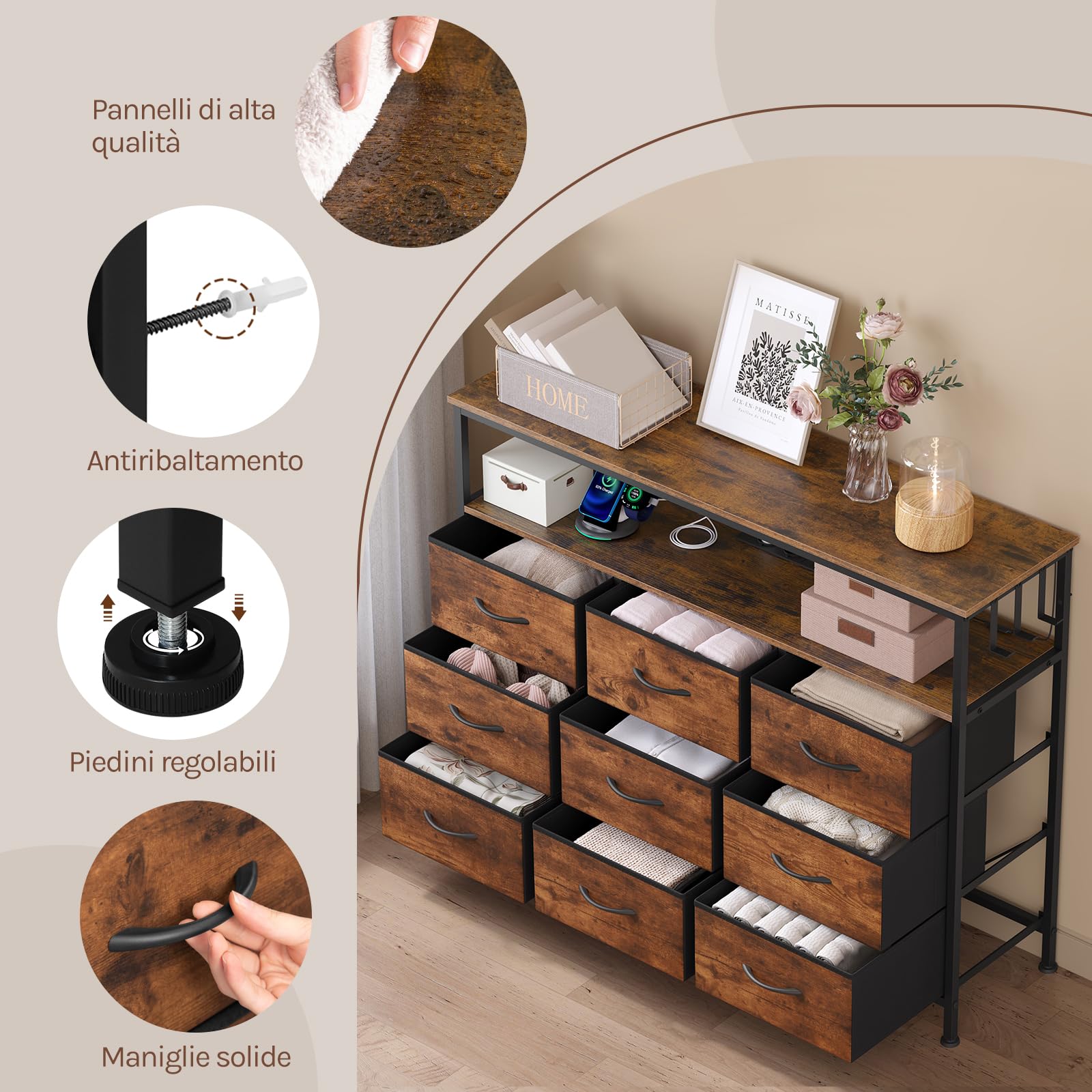 WOLTU Comò 9 Cassetti in Tessuto, Mobile Contenitore | con Multipresa e Illuminazione LED, 3 Ganci Laterali, Struttura in Metallo, 110x30x83,5 cm, Marrone Rustico + Nero