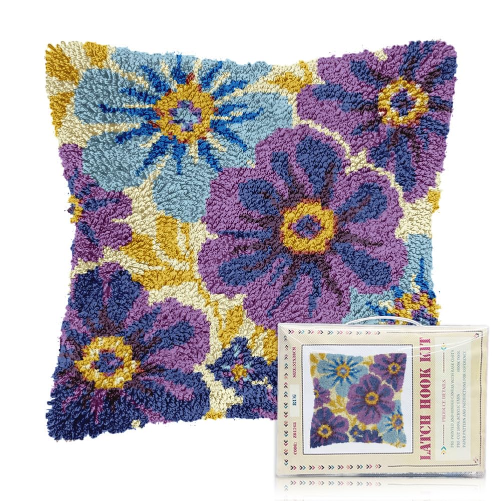 FREEBLOSS 17 x 17 Knüpfset Für Erwachsene Und Anfänger Lila Blumen Vorgedruckt DIY Häkel Und Knüpfset Kissenbezug Zur Dekoration Des Sofas Enthält Anleitung