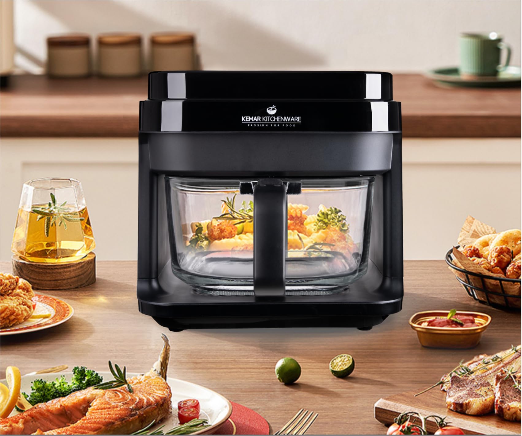 KHF-550 Heißluftfritteuse, 5,5 Liter,1.200W, Touchdisplay,Frittierkorb aus Glas ohne Beschichtung, Fritteuse mit Zange und Silikonuntersetzer (KHF-550 Standardausführung)
