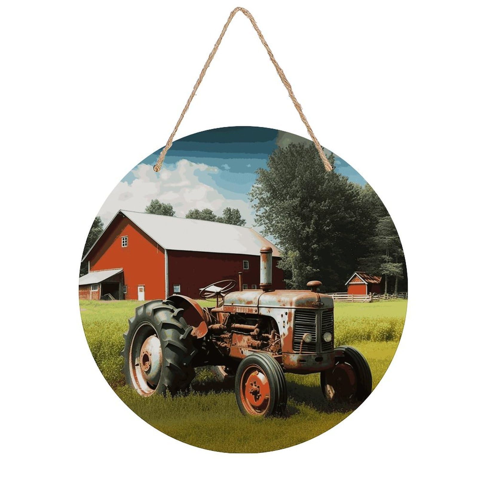 FekiLoot Company Farm Tractor Wall Art Decor Round Wood Hanging Sign Decoration Wooden Circle Door Sign Round Hanging Decorative Wood Plaque Door Hanger for Home Outdoor Indoor Decoration