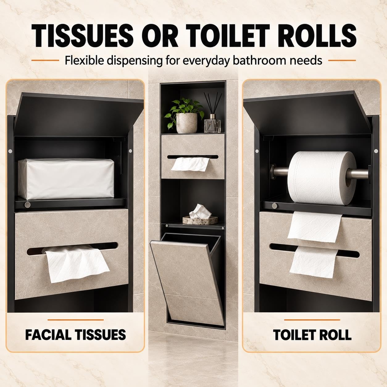 Portarrollos de Papel Higiénico Empotrado con Papelera Oculta, INOX 304