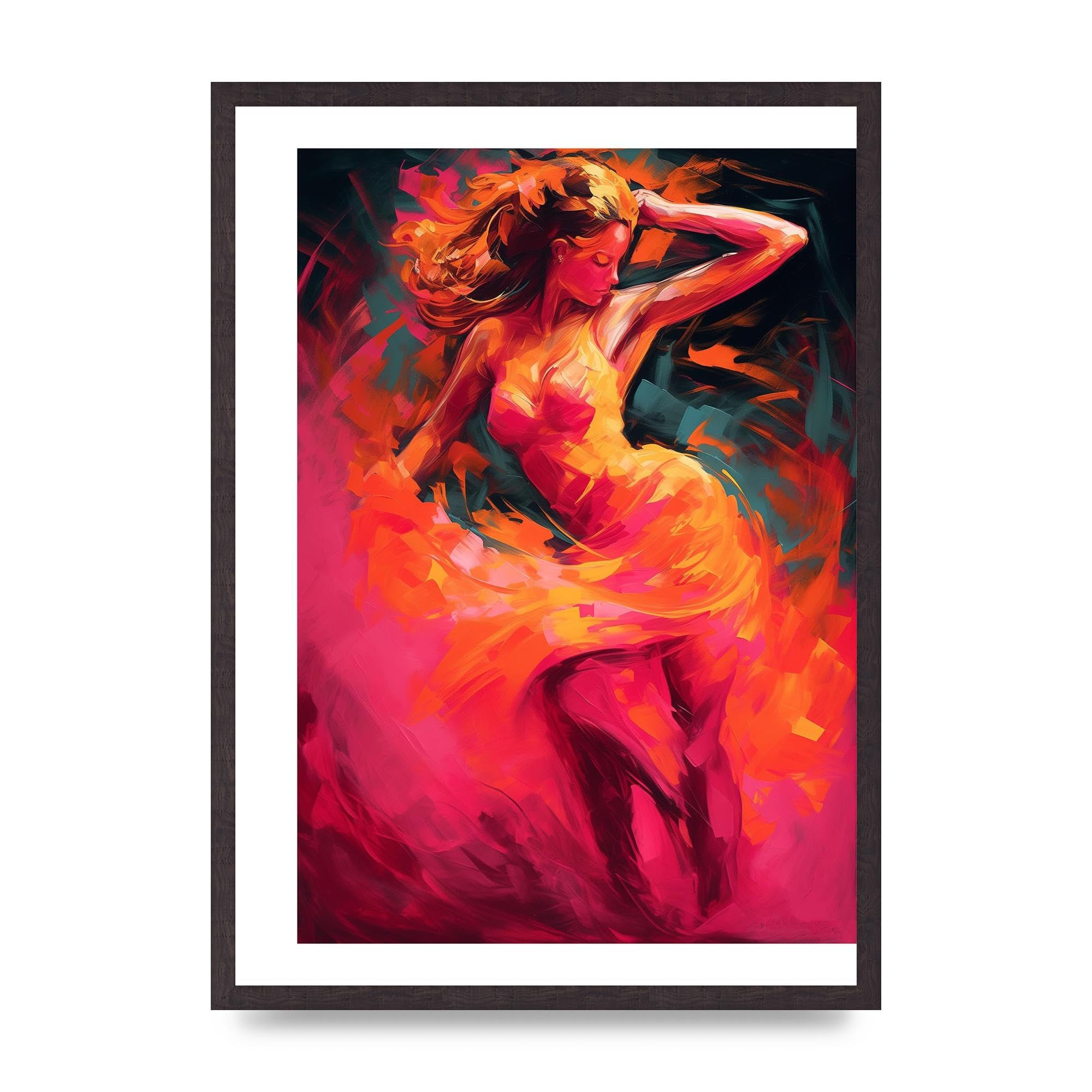 Lithobee - Salsa Dancer in Hot Pink and Tangerine Home Wall Art Prints - A2 Black Saw Cut Grain Frame โ image 1