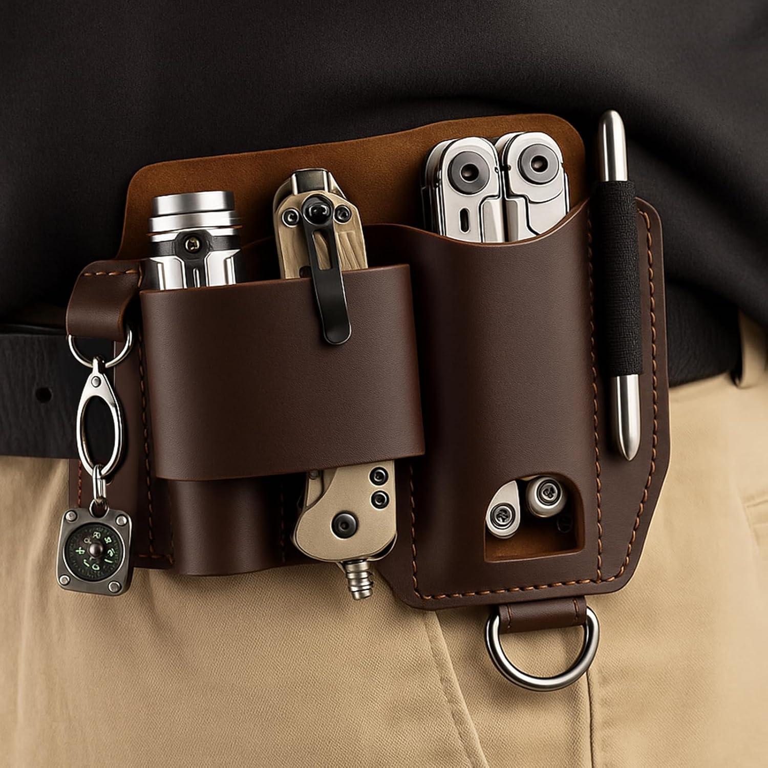 Leather Multitool Pouch and Sheath for Boy Friend Gift, Heavy-Duty Belt Holster for EDC Gear, EDC Belt Organizer for Work and Daily Use, Leather Organizer Fits Flashlight, Pen, Keys, Dark Brown