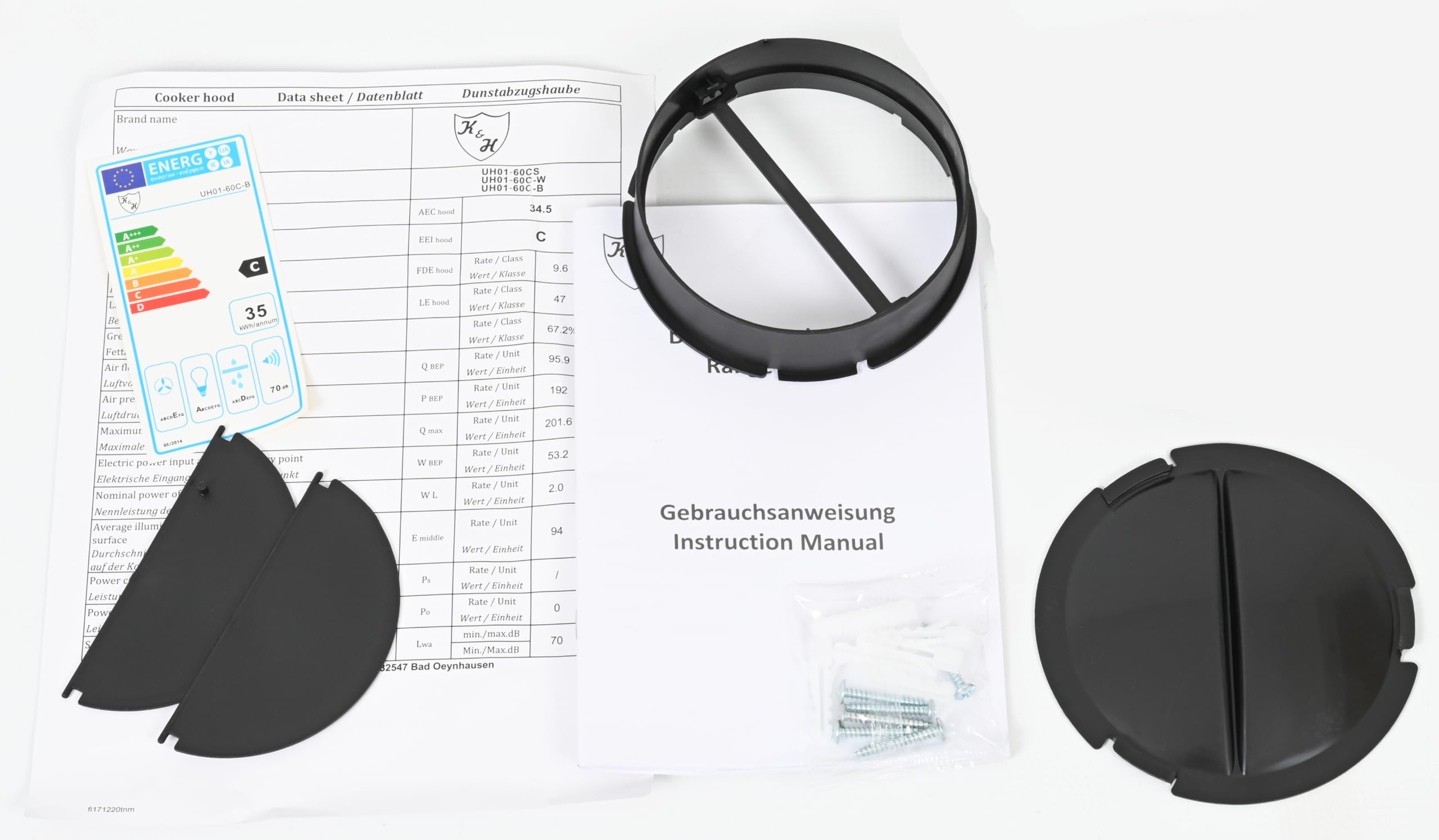 K&H Dunstabzugshaube 60cm Unterbauhaube Umluft Abluft Metall Fettfilter LED Beleuchtung 175 m³/h Energieklasse A Weiß