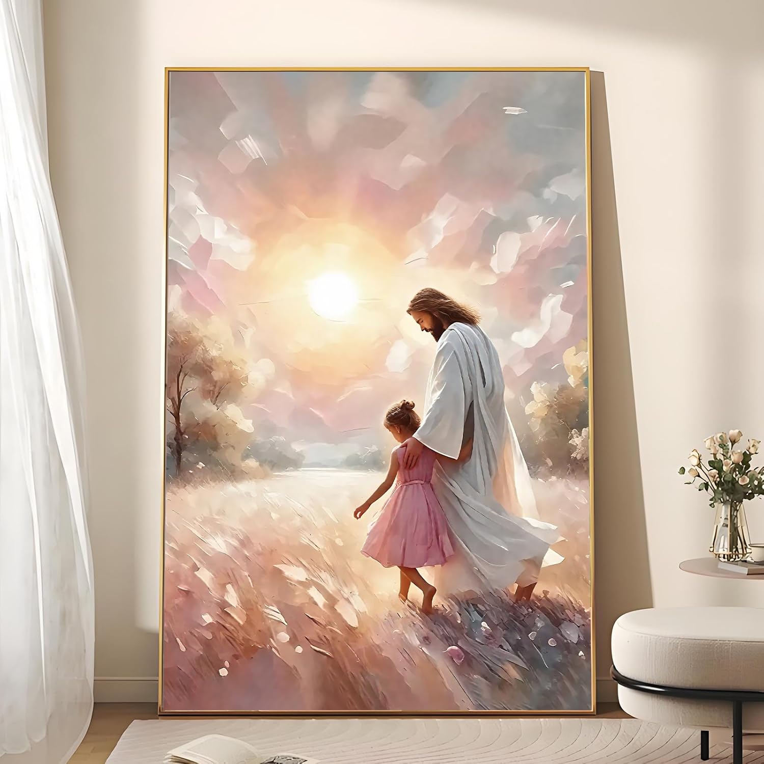 Jesus and Girl Wall Art Christian Poster Painting Jesus and Children Canvas Art Print Soft Pink Sunset Landscape Wall Decor Picture For Baby Girl Room Nursery Room Living Room Bathroom Religious Decorations 16*24 in (Canvas)