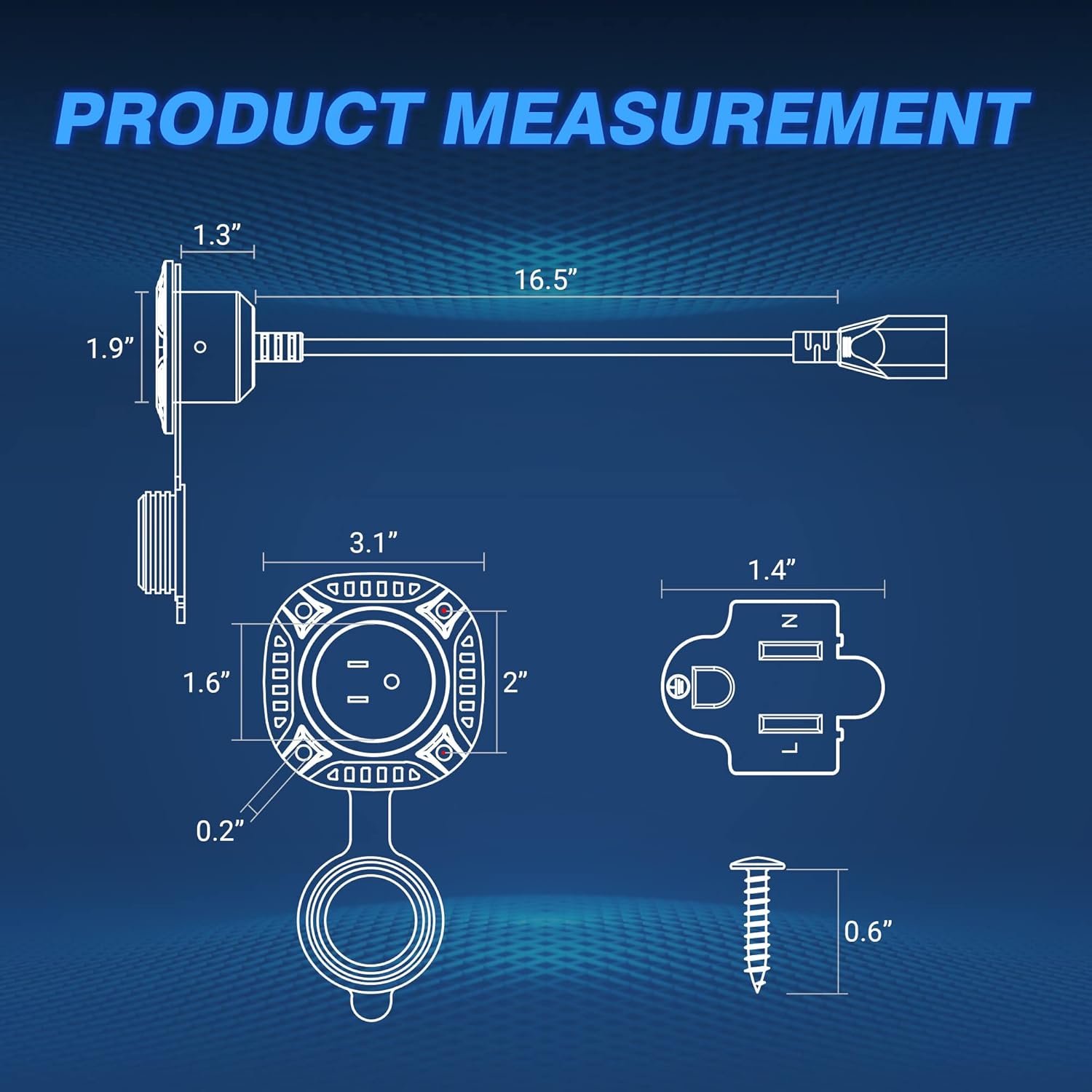 Image showing an extension cord plugged into the MICTUNING AC Port Plug, which is flush-mounted on a surface.