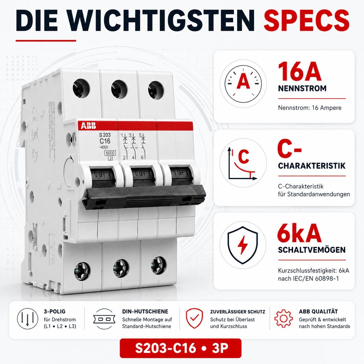 ABB S203-C16 Leitungsschutzschalter 3-polig 16A C-Charakteristik, Sicherungsautomat 6kA, LS-Schalter für Drehstrom & Hutschiene, System pro M compact Leitungsschutzschalter 3P