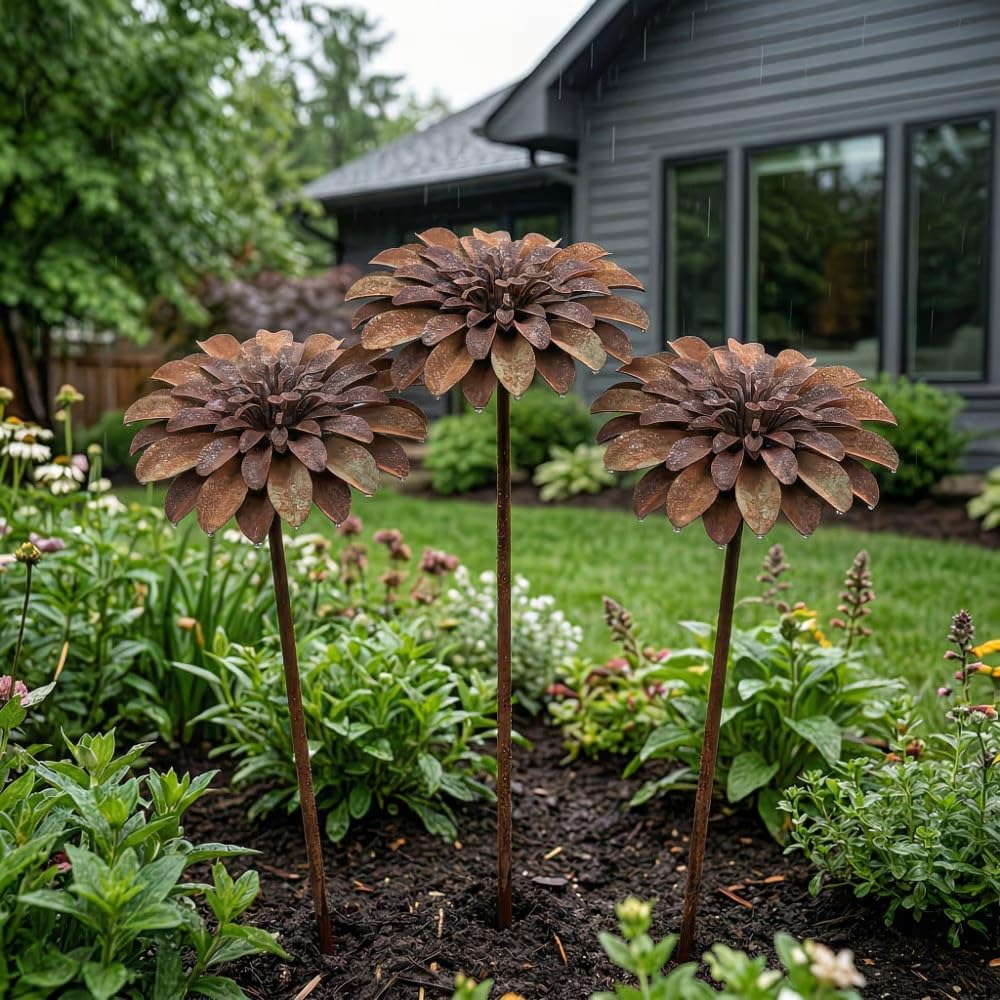 ZBELLO Set of 3 Vintage Rusty Cornflower Statues Stake, 49cm Metal Artistic Wire Art Decor, Rustic Garden Sculptures for Lawns Yard Patio Home Farmhouse Decoration