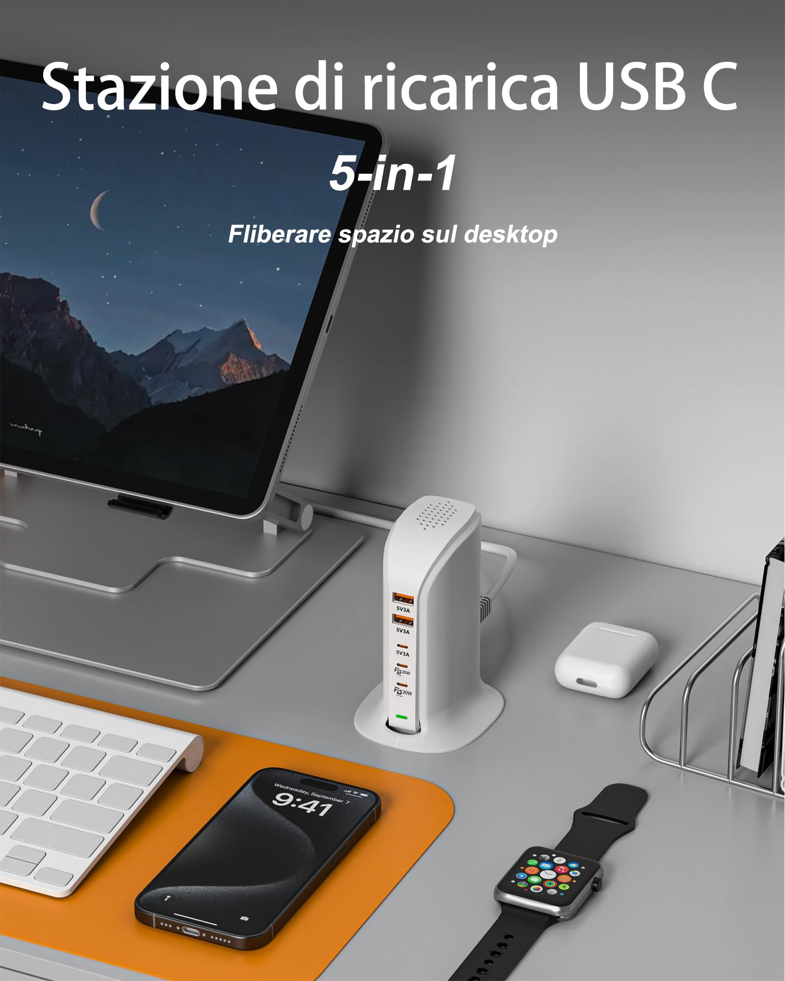 WUKUR Caricatore USB Multiplo,Stazione di Ricarica 5 Porte USB da Tavolo Caricabatterie da muro per cellulari per iPhone/iPad/Samsung/Huawei/HTC/LG/Nexus/Nokia/Motorola (55W Bianco)