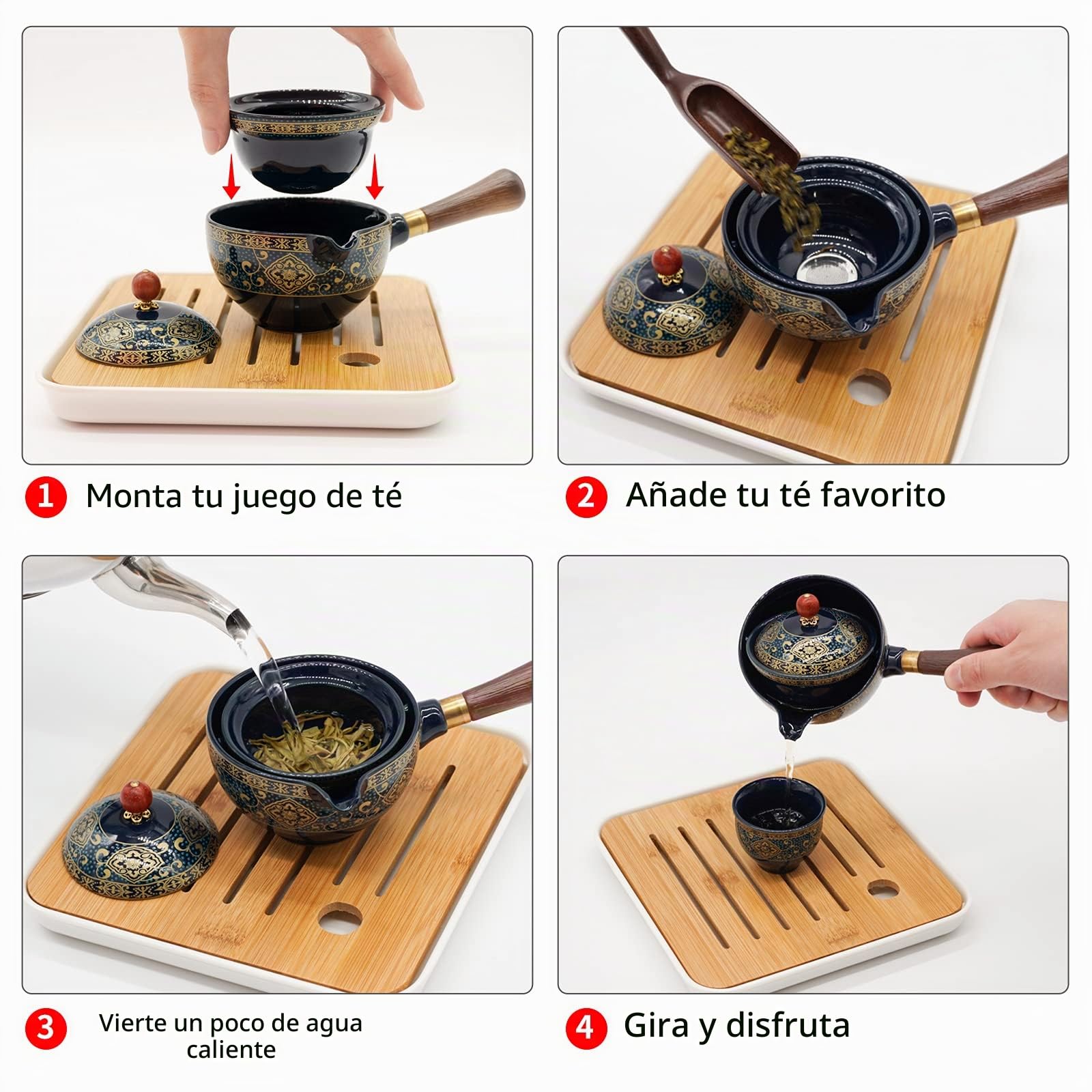 LURRIER Juego de té chino Gongfu de porcelana, juego de tetera portátil con máquina de té de rotación de 360 grados e infusor, bolsa de regalo portátil todo en uno para viajes, hogar, regalo, al aire