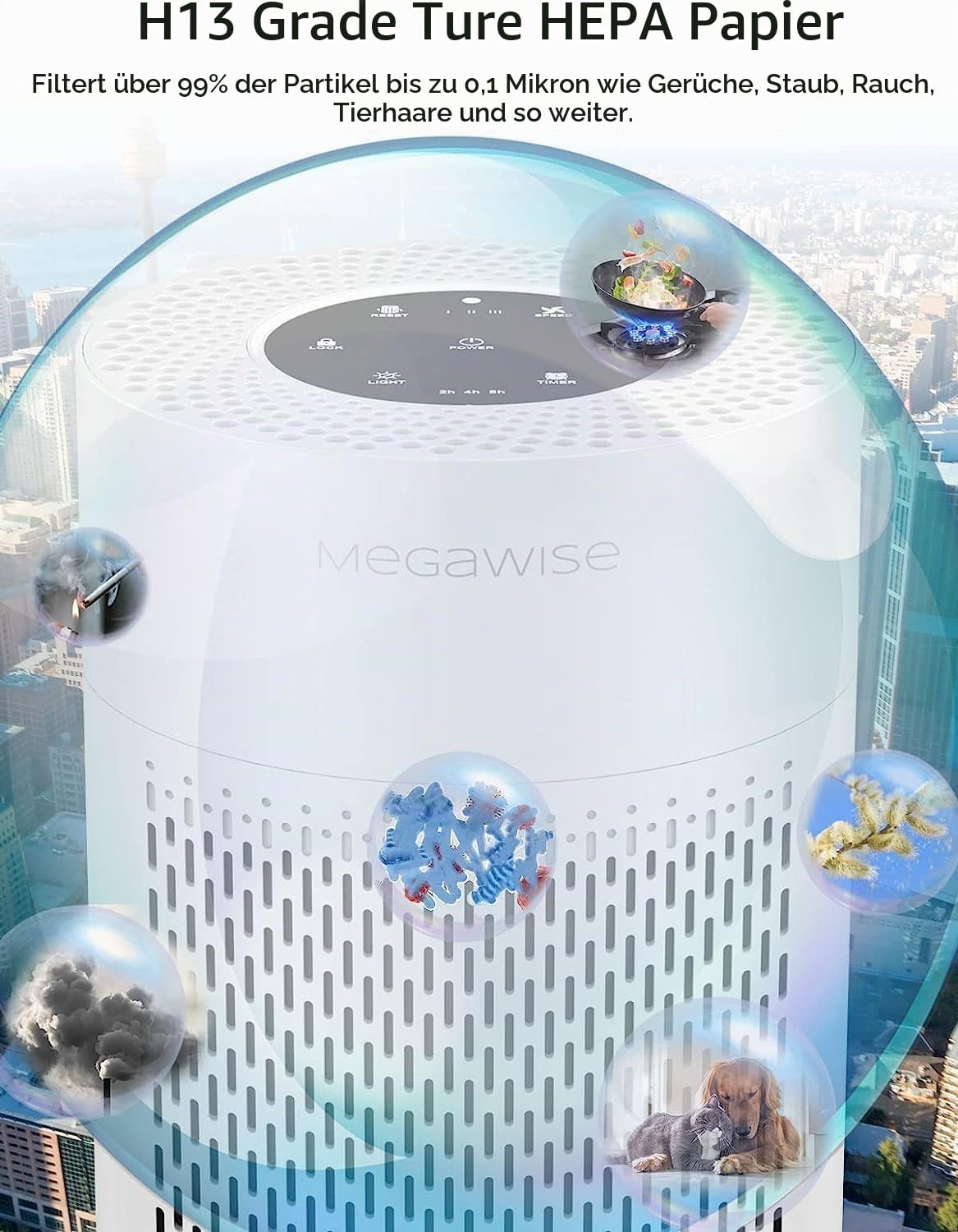MEGAWISE 2022 Aktualisierte Version Intelligenter Luftreiniger für große Räume bis zu 100 m², H13 True HEPA-Filter mit intelligentem Luftqualitätssensor, Schlafmodus