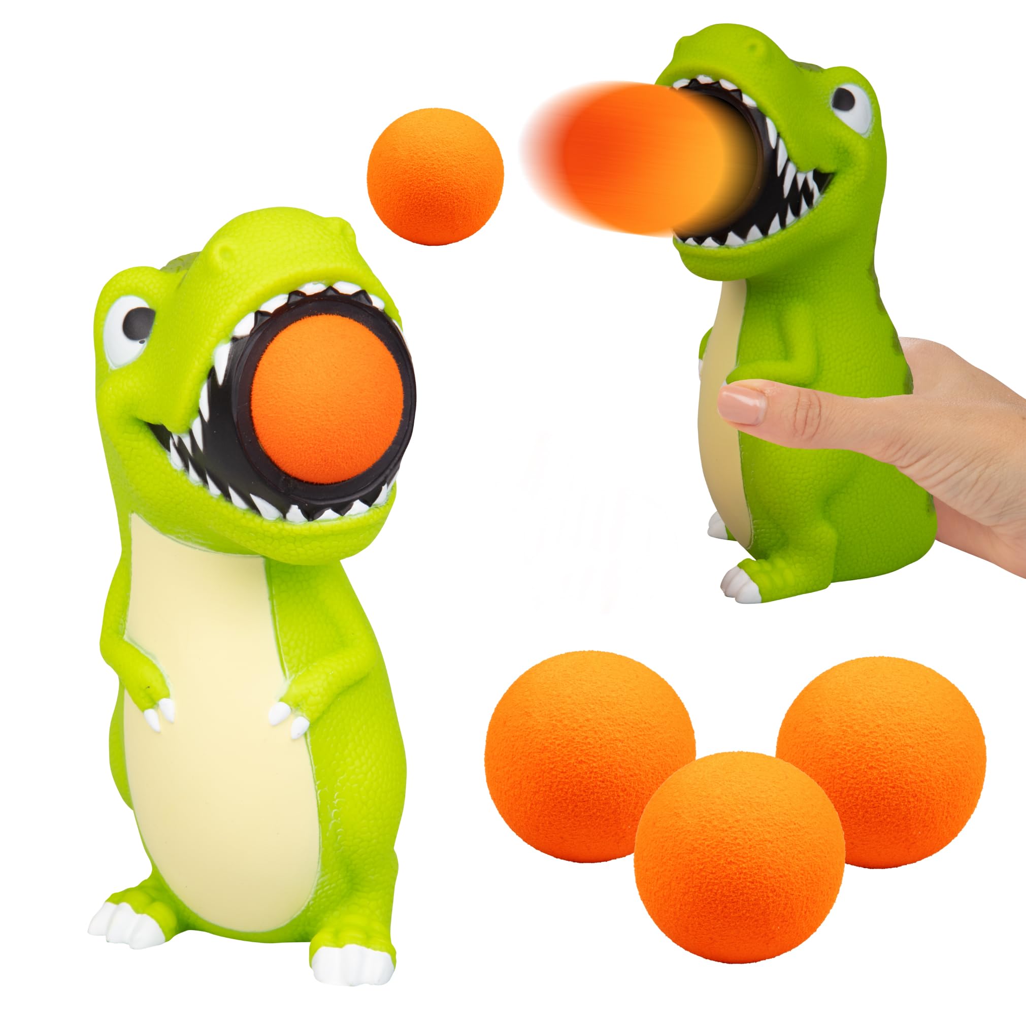 Hog Wild T-Rex Ball Popper Toy - Holiday Stocking Stuffer Includes 4 Soft Foam Balls - Squeeze to Pop Air Powered Balls Up to 20 Feet - for Indoor/Outdoor Play - Gift for Boys and Girls